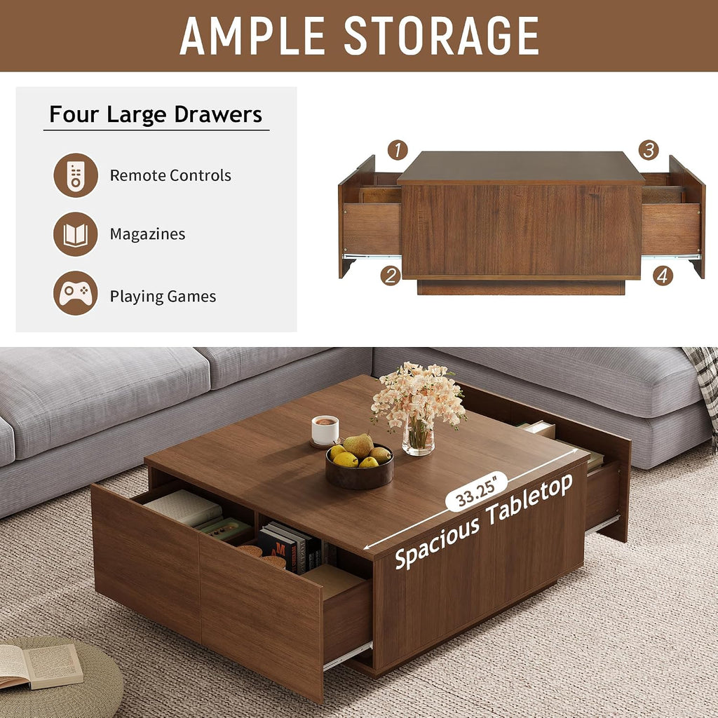 SSLine Square Coffee Table with 4 Storage Drawers,33.2-Inch Walnut Wooden Coffee Table for Living Room Minimalist Cocktail Center Tables for Small Space