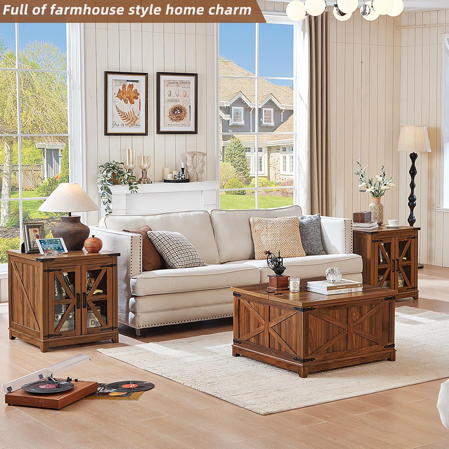 Farmhouse Coffee Table Sets 2 Pieces, Large End Side Tables with Charging Station and Coffee Table with Hidden Storage Compartment, Black Living Room Table Set, Wood Furniture Sets for Home Office