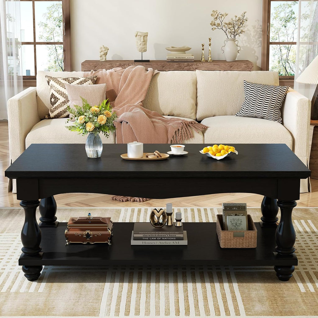 Besiost Farmhouse Coffee Table with Storage, 47 inch Modern 2-Tier Black Coffee Table with Solid Wood Legs, Mid Century Coffee Tables for Living Room