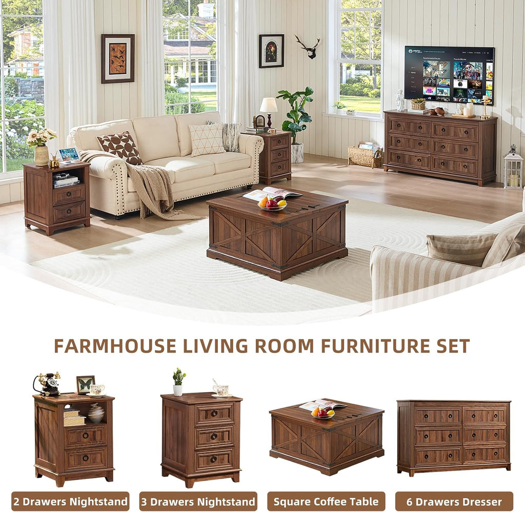 Joaxswe Farmhouse Coffee Table with Large Hidden Storage Compartment, Brown Retro Square Center Table, Wood Rustic Low Modern Living Room Tables with Hinged Lift Brown Top & Wooden Arc Base