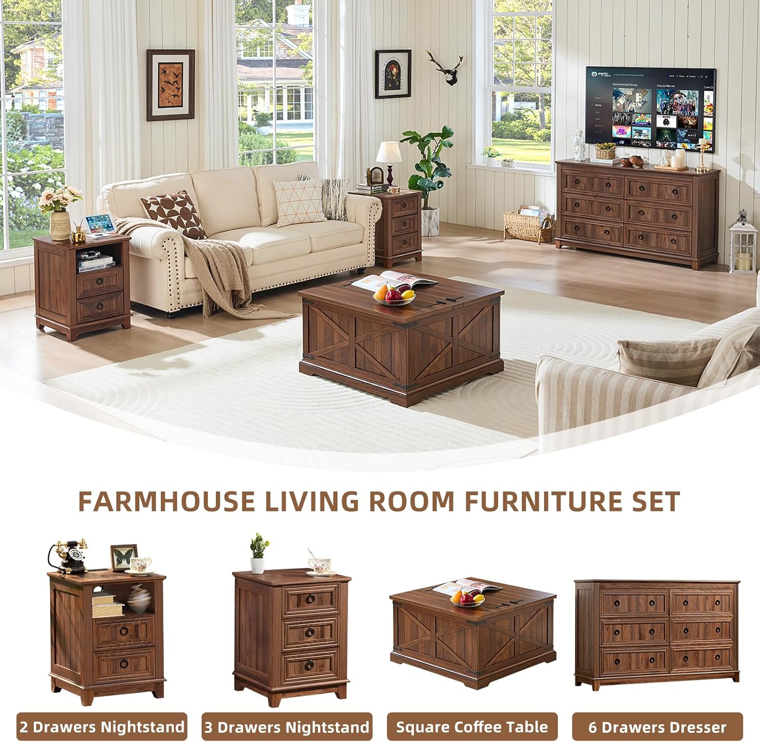 Joaxswe Farmhouse Coffee Table with Large Hidden Storage Compartment, Brown Retro Square Center Table, Wood Rustic Low Modern Living Room Tables with Hinged Lift Brown Top & Wooden Arc Base