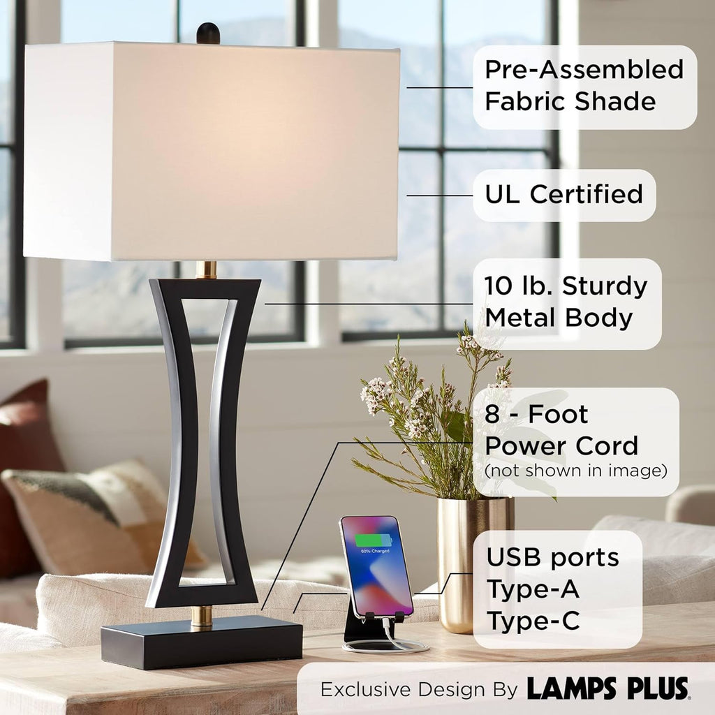 360 Lighting Roxie 31' Tall Set of 2 Modern Table Lamps with USB Ports A+C Charging Black Metal White Fabric Rectangular Shade for Living Room Bedroom House Bedside Nightstand Home Office Family