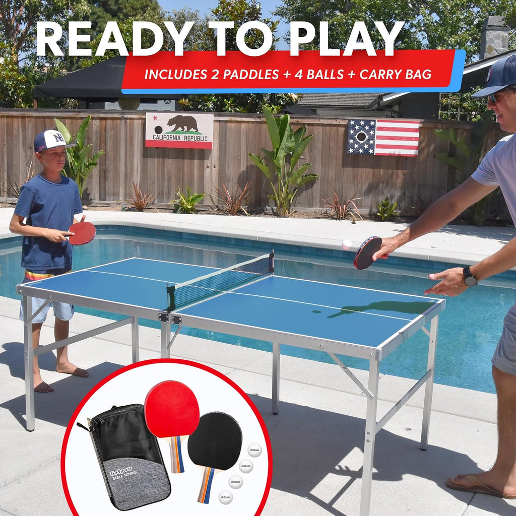 GoSports Mid-Size Table Tennis Game Set - Red or Blue - Indoor/Outdoor Portable Table Tennis Game with Net, 2 Table Tennis Paddles and 4 Balls