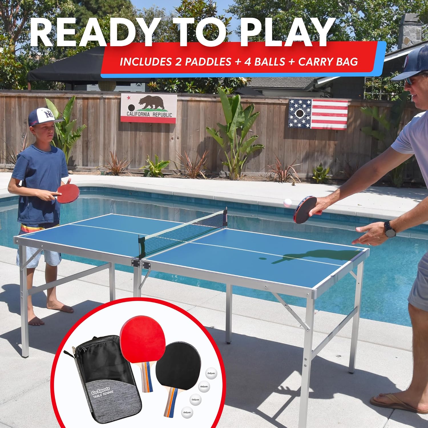 GoSports Mid-Size Table Tennis Game Set - Red or Blue - Indoor/Outdoor Portable Table Tennis Game with Net, 2 Table Tennis Paddles and 4 Balls