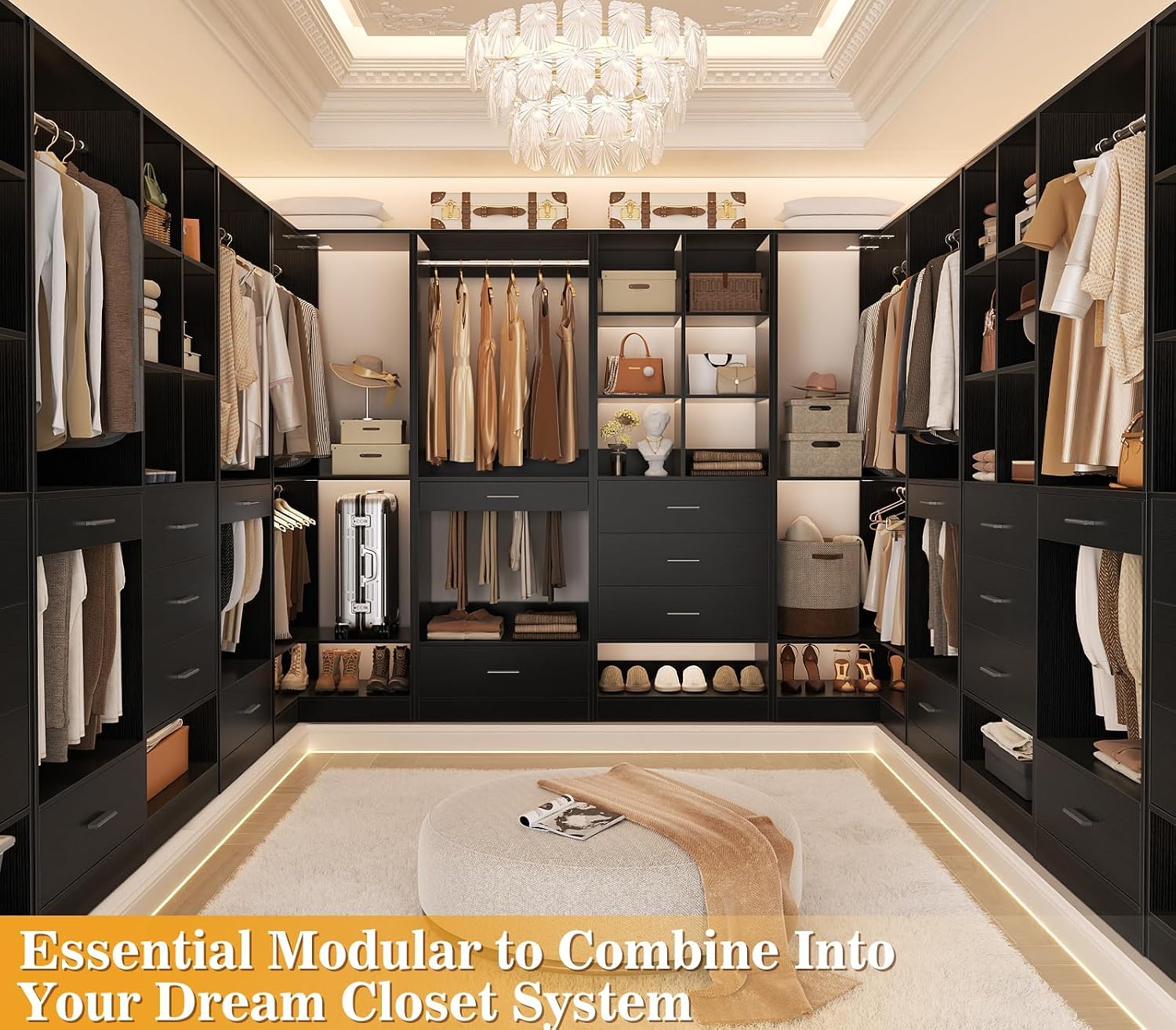 Homieasy Corner Closet System Modular with Upper & Lower Hanging Areas and Shoe Shelf, Corner Wardrobe Organizer, Easy Assembly, Anti-Tip Design, Perfect for Bedroom or Walk-In Closet, Black1