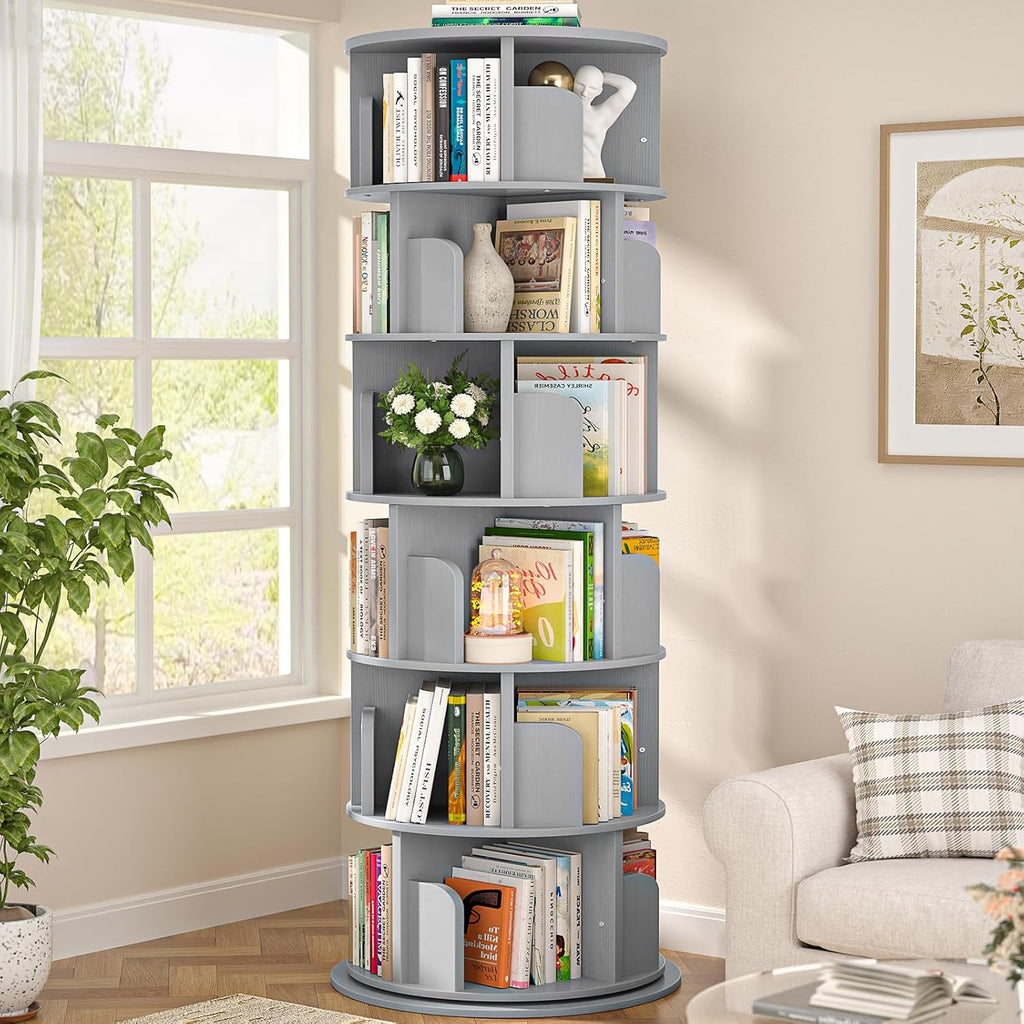 Aheaplus 6 Tier Rotating Bookshelf, Wood Spinning Bookshelf Tower, Round Revolving 360 Bookcase, Narrow Turning Book Shelf Rolling Corner Organizer for Small Space, Bedroom, Office, Grey