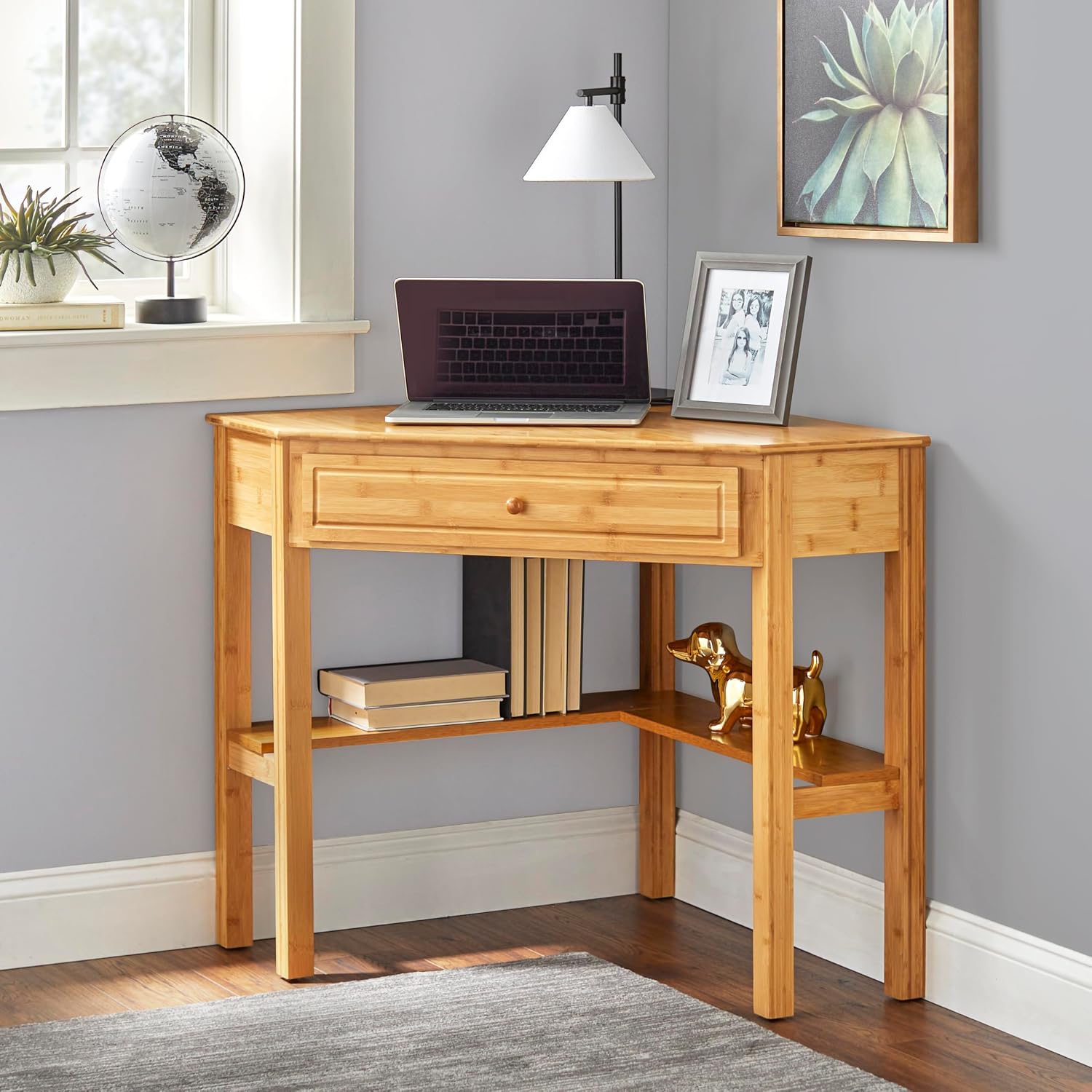 Ellen Bamboo Wood Small Corner Desk with Storage Drawer and Shelf – Compact Computer Table for Home Office, Bedroom, or Study, Bamboo Natural Finish