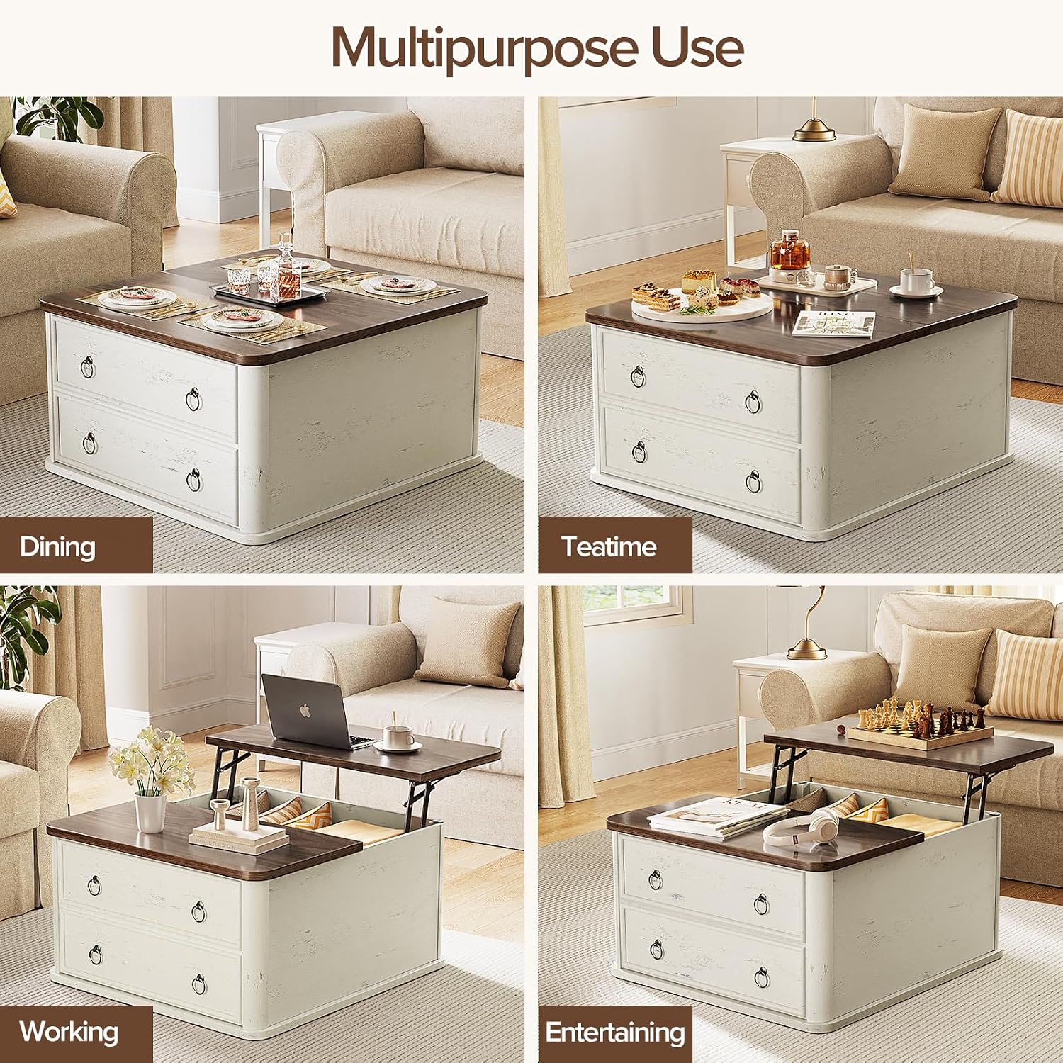 Memobarco 31.5' Lift Top Coffee Table with Storage,Square Coffee Tables with Lifting top for Living Room,Farmhouse Coffee Table with Storage Drawers and Large Hidden Compartment,Rustic White+Walnut