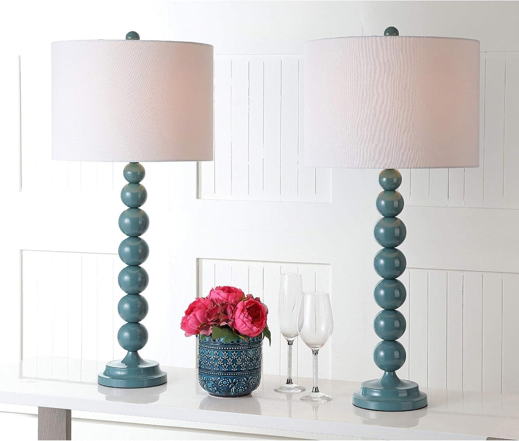 SAFAVIEH Lighting Collection – Jenna Set of 2 Marine Blue Stacked Ball Table Lamps with White Drum Shades, 32-Inch Modern Bedroom or Living Room Lamps, LED Bulbs Included (LIT4090C-SET2)