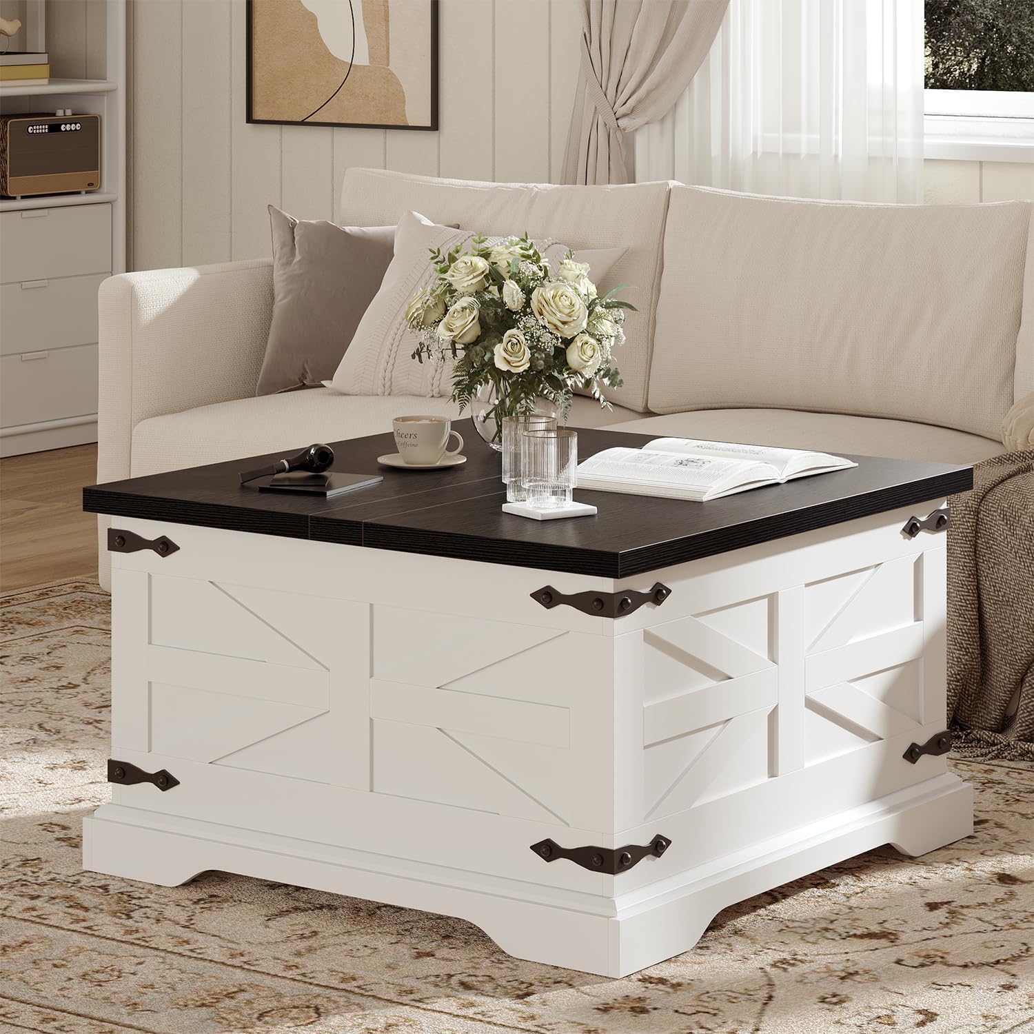 VVFLU Farmhouse Coffee Table with Storage, Square Center Table for Living Room, Rustic, Hinged Lift Top Soft Close, Wood, Large Hidden Storage, Modern, Metal Corner, White Black