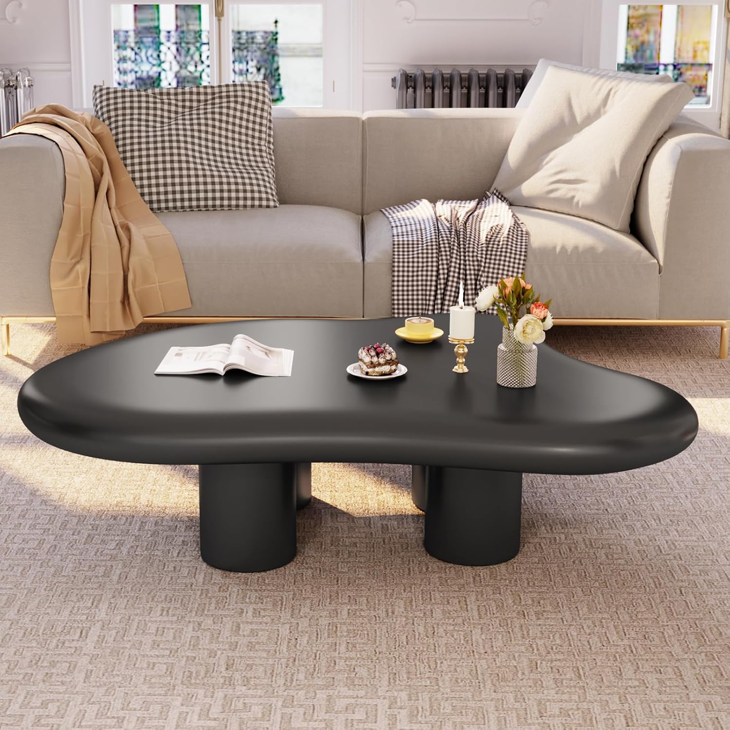 46.06' Black Large Cloud Coffee Table, Modern Round Edge Coffee Table with 4 Sturdy Support Legs and 2.67' Thick Tabletop,Easy Match for Living Room, Bedroom, Balcony,Patio