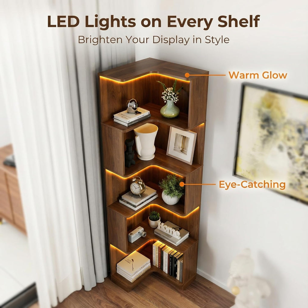 Corner Bookshelf, 5 Tier Tall Corner Bookcase with LED Lights, Freestanding L Shaped Open Display Shelf for Living Room, Bedroom, Home Office (Walnut)