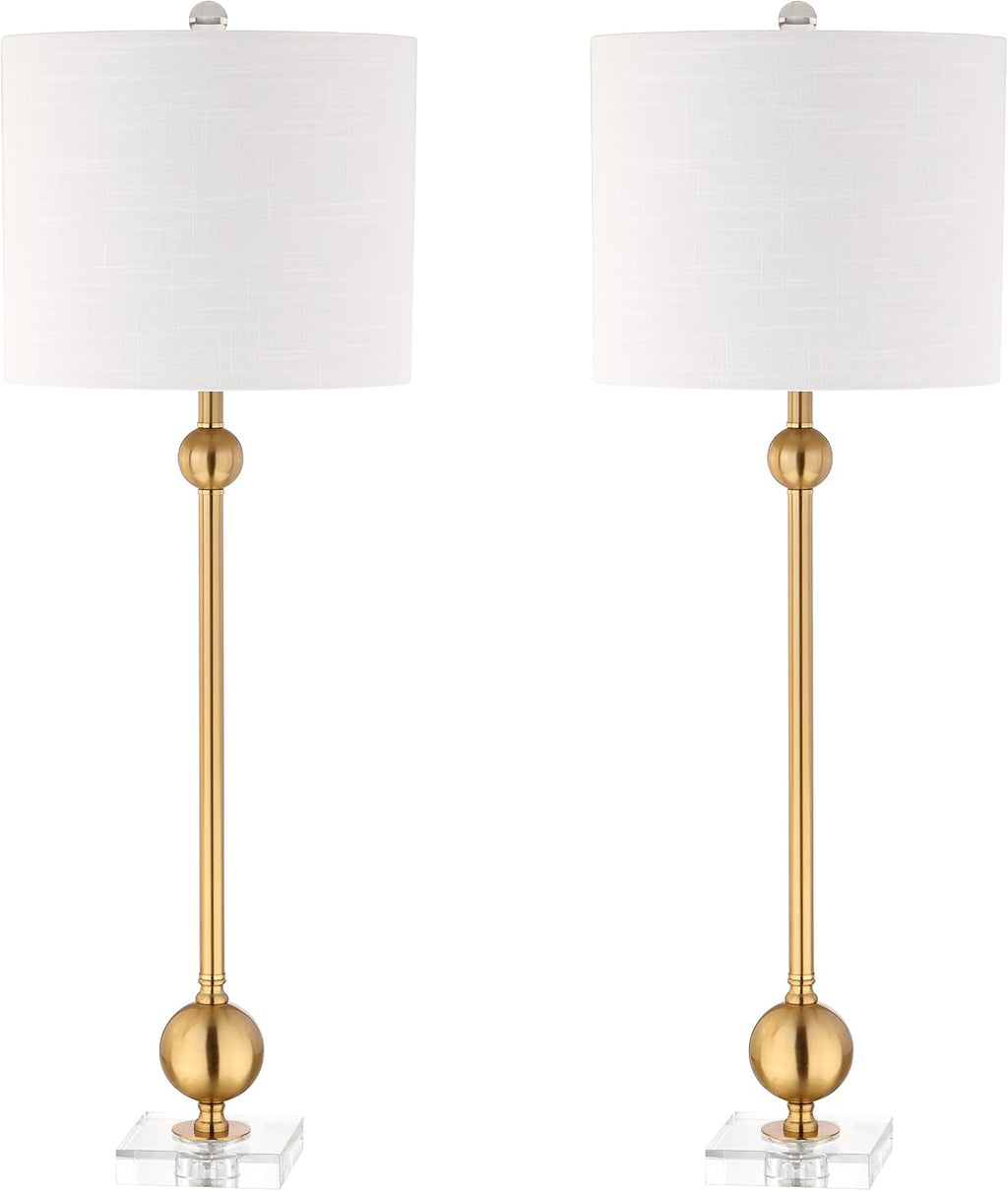 JONATHAN Y 34.75' Brass Metal LED Table Lamp Set of 2 with Crystal Base, Mid-Century Modern Sputnik Design for Living Room Bedroom, White Linen Shade, LED Bulbs Included JYL2010A-SET2