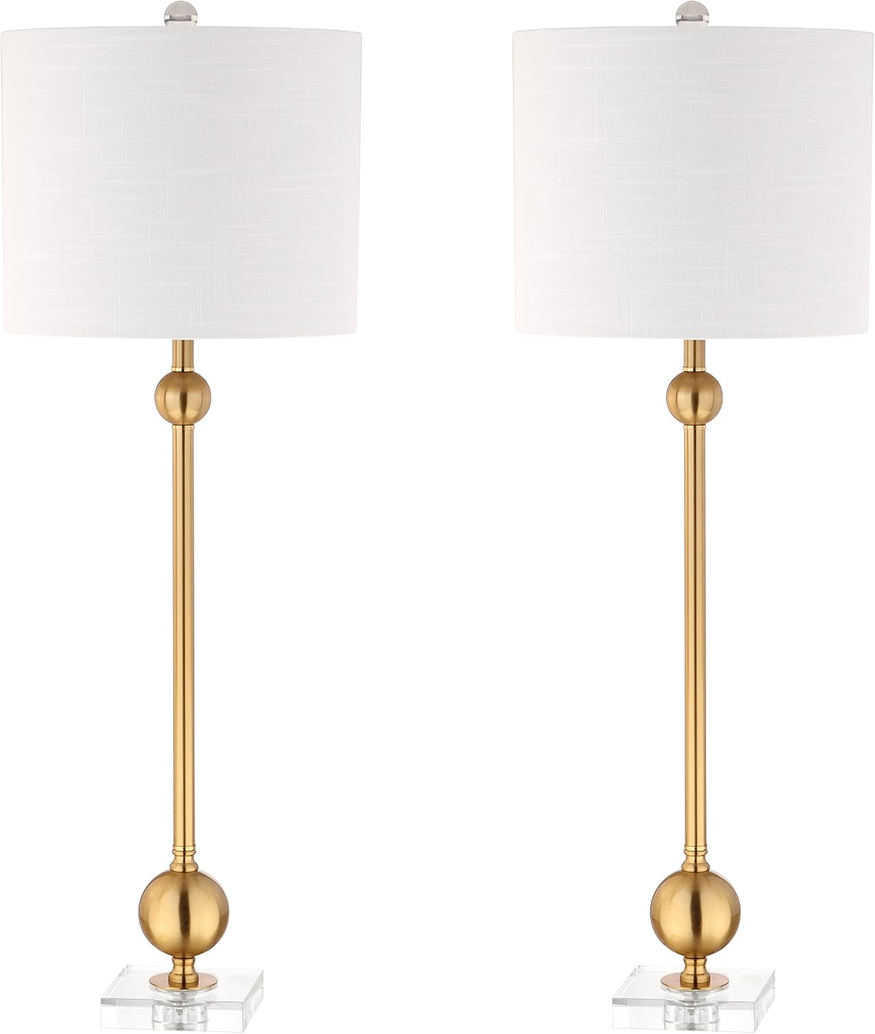 JONATHAN Y 34.75' Brass Metal LED Table Lamp Set of 2 with Crystal Base, Mid-Century Modern Sputnik Design for Living Room Bedroom, White Linen Shade, LED Bulbs Included JYL2010A-SET2