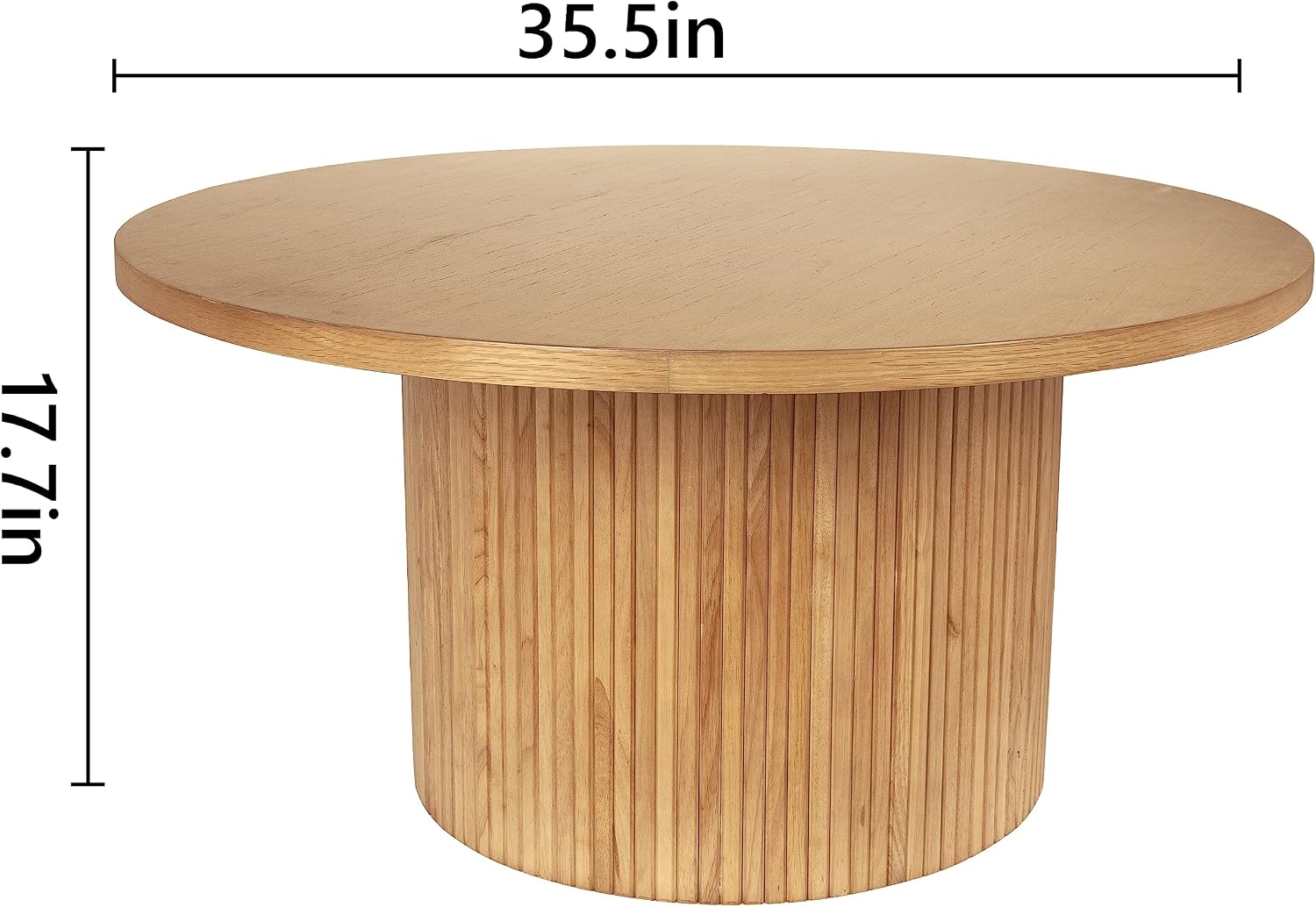 Large Round Wood Coffee Table, Mid Century Modern, Drum Shape, 35.5' Diameter, for Living Room, Natural Solid Wooden