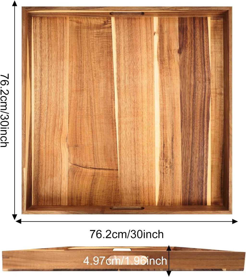 30'' Extra Large Square Wood Tray - Acacia Wood Ottoman Tray with Handles, Rustic Serving Tray for Living Room, Kitchen and Coffee Table, Wooden Trays for Ottoman,Ottoman Table Topper