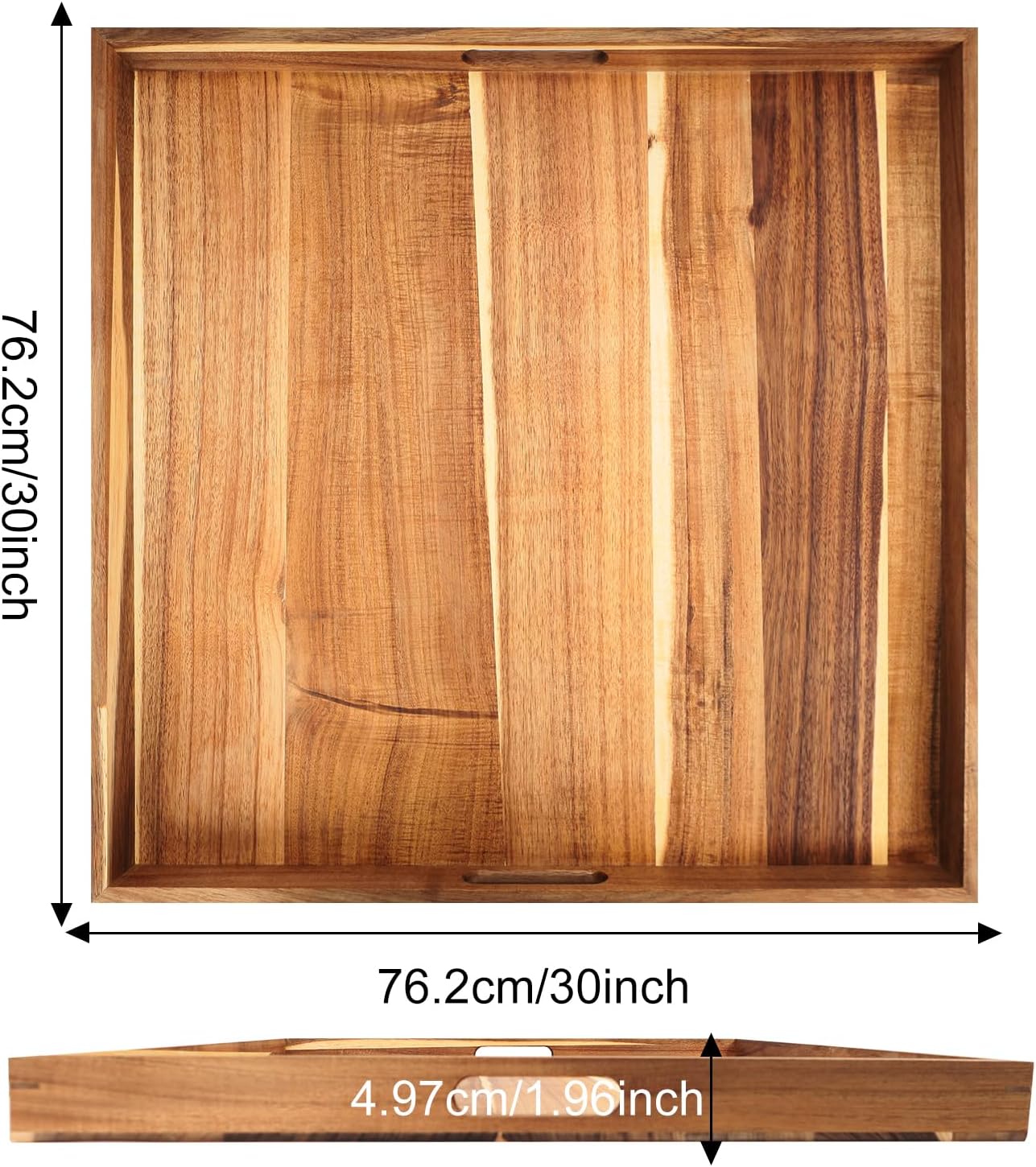 30'' Extra Large Square Wood Tray - Acacia Wood Ottoman Tray with Handles, Rustic Serving Tray for Living Room, Kitchen and Coffee Table, Wooden Trays for Ottoman,Ottoman Table Topper