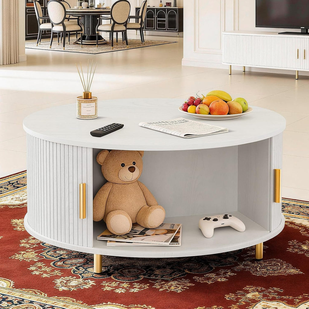 DHH Round Coffee Table, 31.5' Mid Century Modern Coffee Table with 360° Sliding Tambour Door, Fluted Accent Coffee Table with Storage Adjustable Footpads for Living Room(Grayish White)