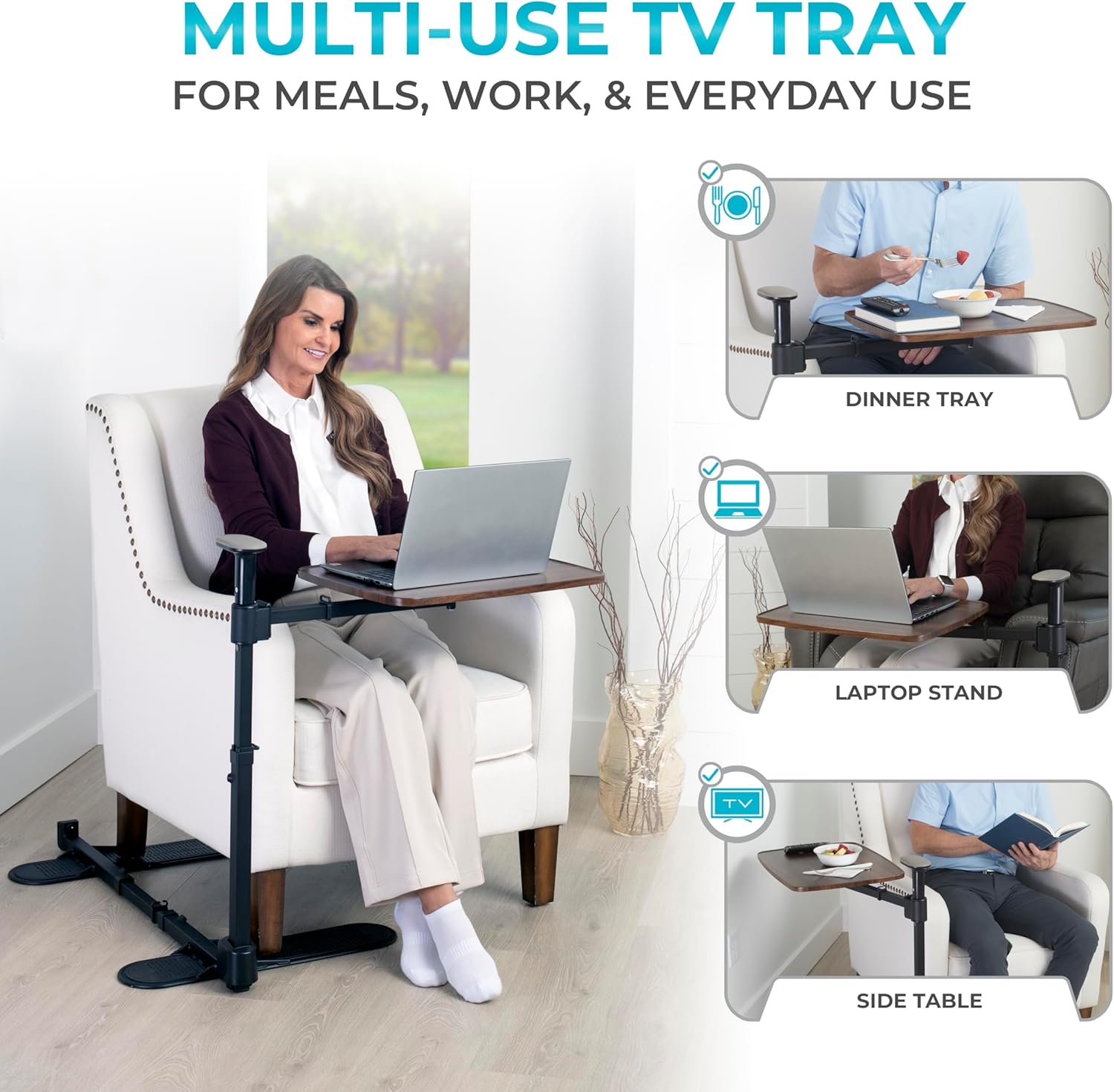 Stander Wonder Tray Plus, Adjustable Recliner Swivel TV Tray with Standing Handle for Seniors & Elderly Adults, Walnut Laptop Desk for Couches & Chairs, Mobility Aid Sit and Stand Assist