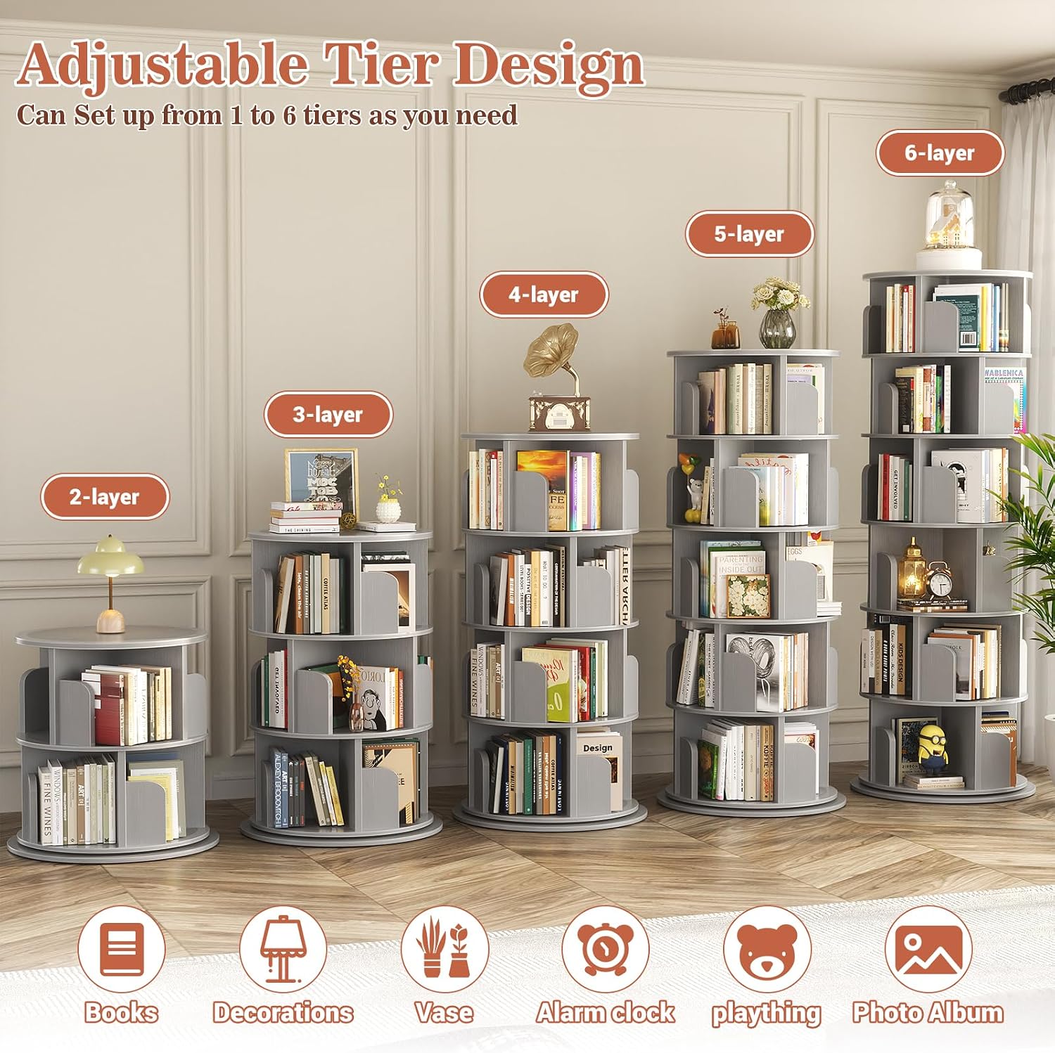 Aheaplus 6 Tier Rotating Bookshelf, Wood Spinning Bookshelf Tower, Round Revolving 360 Bookcase, Narrow Turning Book Shelf Rolling Corner Organizer for Small Space, Bedroom, Office, Grey