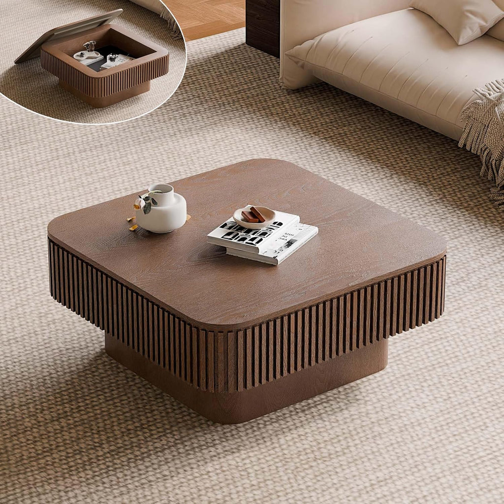 Square Small Coffee Table with Storage, Modern Wooden Coffee Table with Solid Wood Veneered, Fluted Center Table Drum Tea Table for Living Room Apartment, 31.5''L×31.5''W×14''H