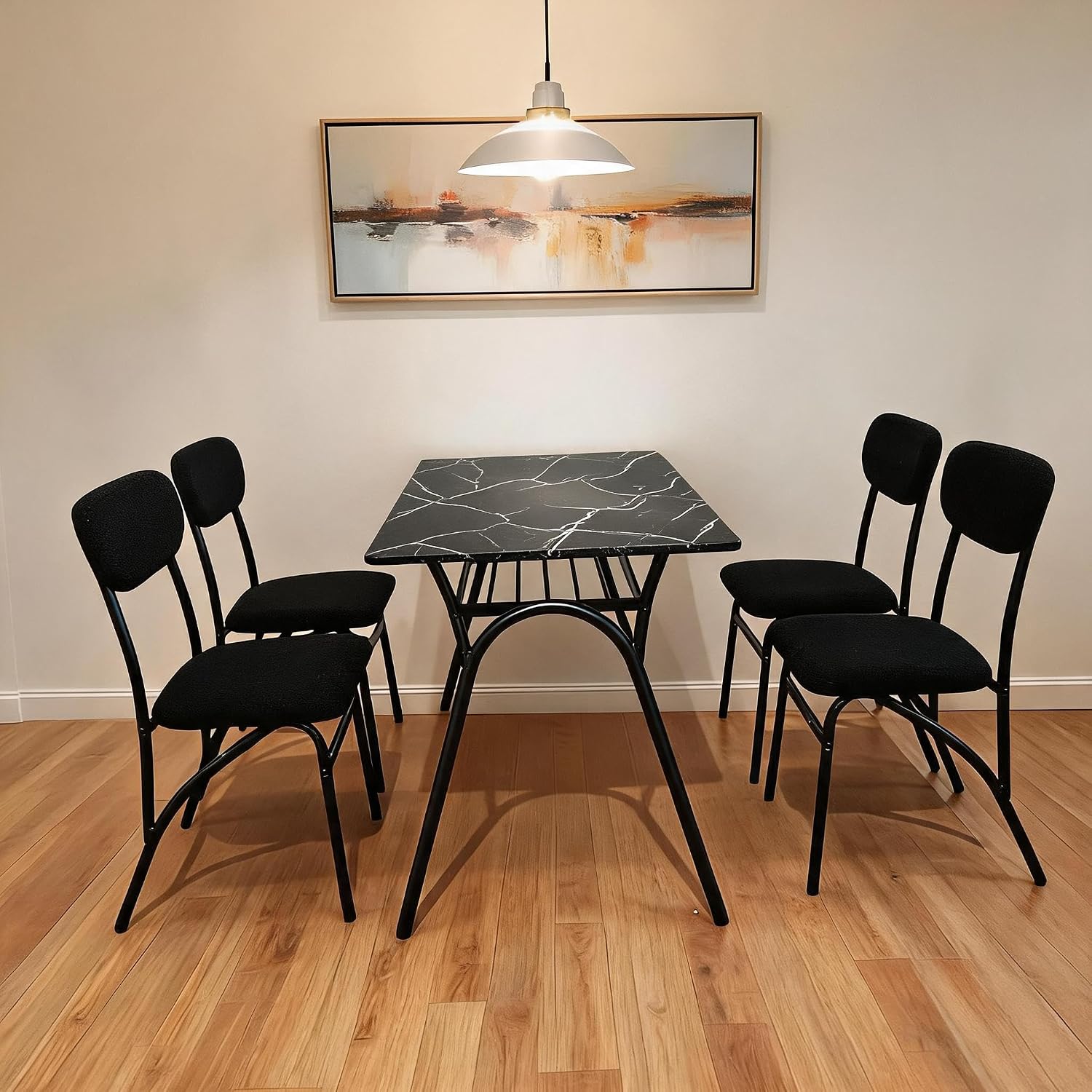 5-Piece Dining Table Set for 4, Modern Kitchen Table with 4 Boucle Chairs, Rectangular Dining Table with Storage Shelf & Marble Tabletop, Beige Home Dining Furniture for Small Space, Black+Black