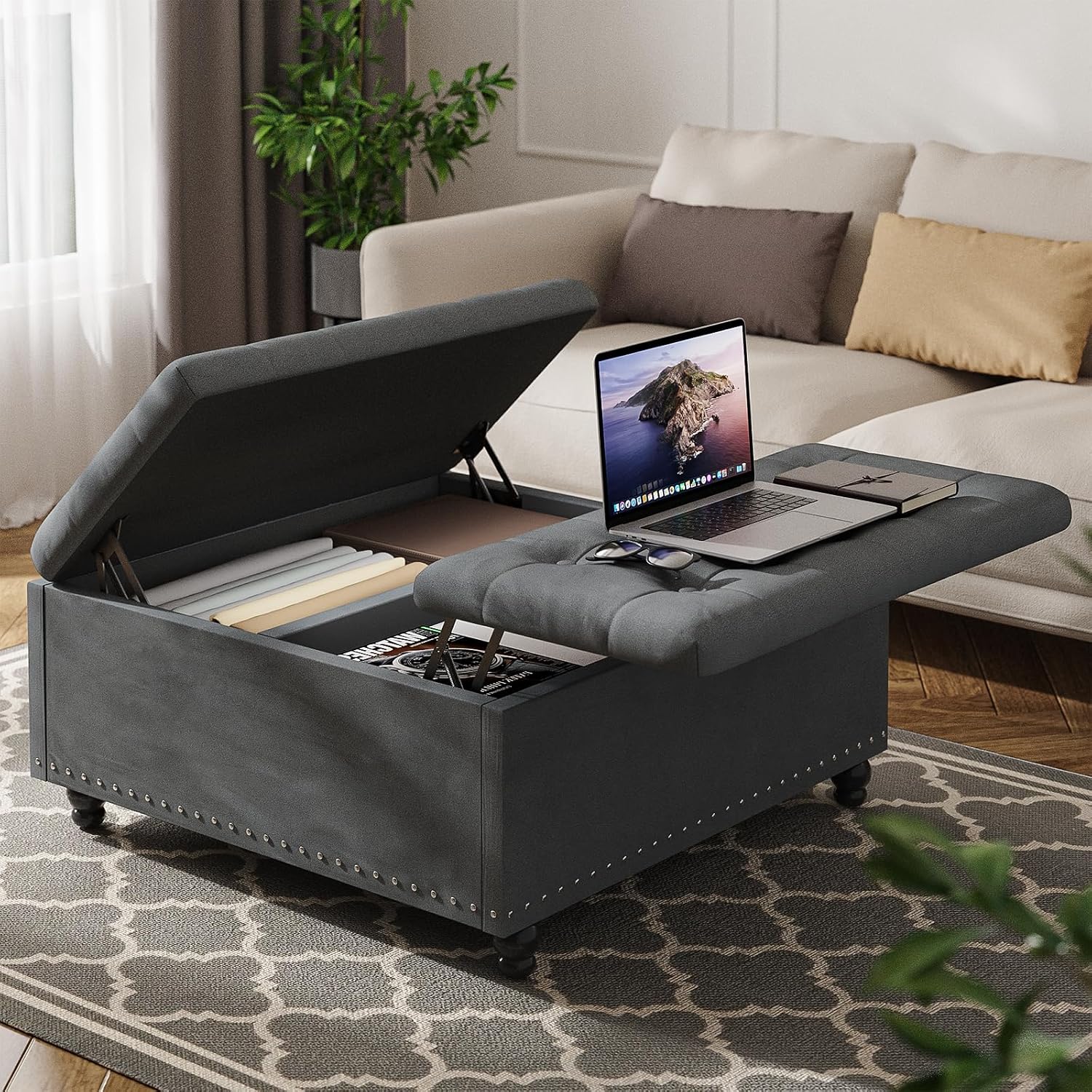 FUXA 35 Inch Large Square Ottoman with Storage, Oversized Ottoman Coffee Table with Lift Top and Wood Legs, Tufted Upholstered Storage Ottoman Bench for Living Room (Gray)