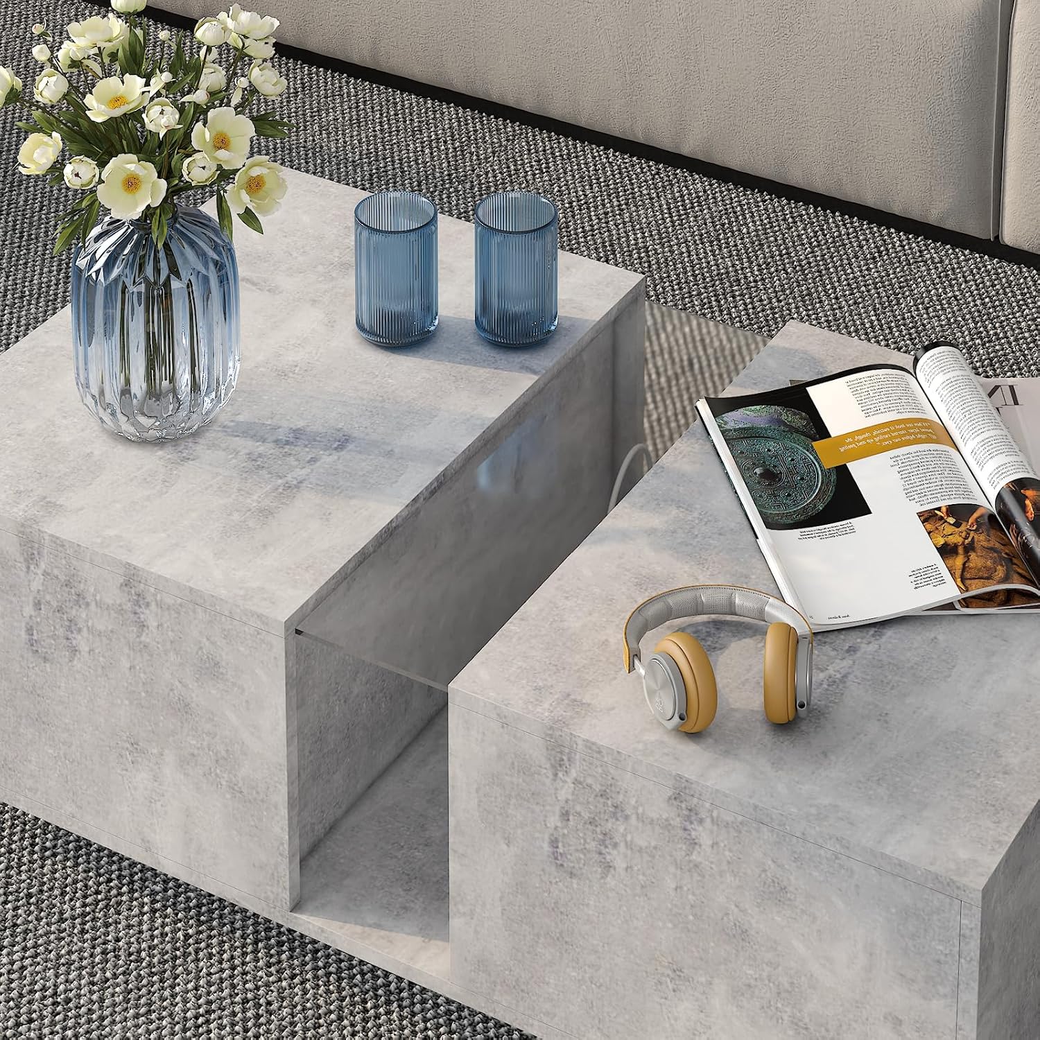 HedoAjim Grey Led Coffee Table for Living Room, Rectangular Living Room Table with Storage, Acrylic Coffee Tables with 2 Sliding Drawers, Wood Center Table for Reception Dinning Room