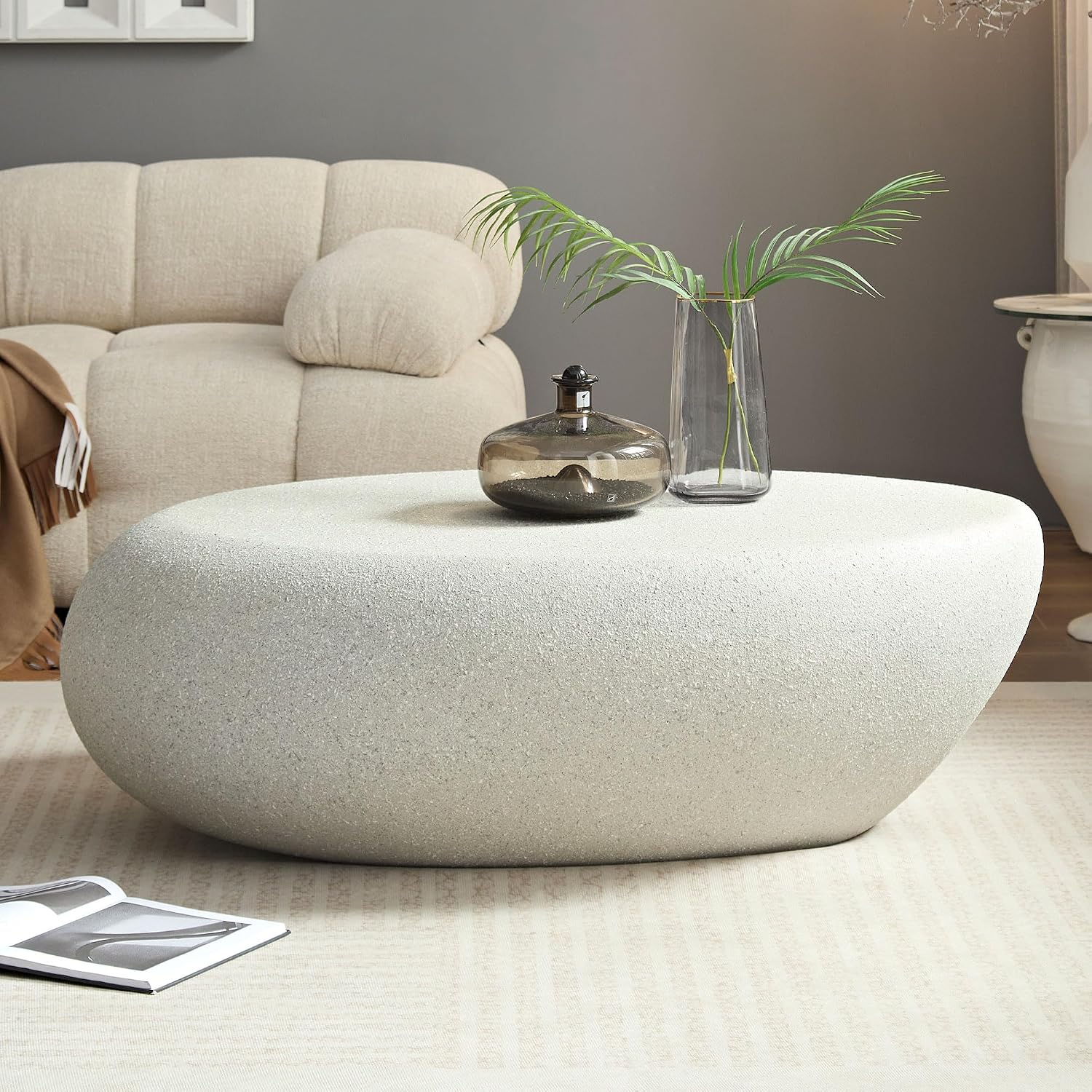 WILLIAMSPACE 43.3' Oval Coffee Table with Grainy Rocks Pattern, Modern Irregular Travertine Faux Stone Center Table, Drum Fiberglass Coffee Table Accent Tea Table for Living Room, No Need Assembly