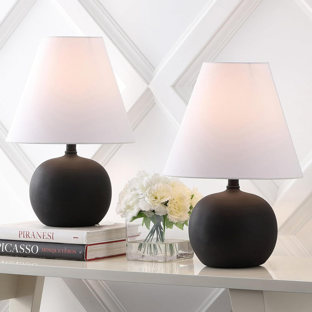JONATHAN Y 18.25' Matte Black Modern Gourd LED Table Lamp Set of 2 for Bedroom, Scandinavian Resin Nightstand Lamps for Living Room, White Linen Shade JYL5602A-SET2