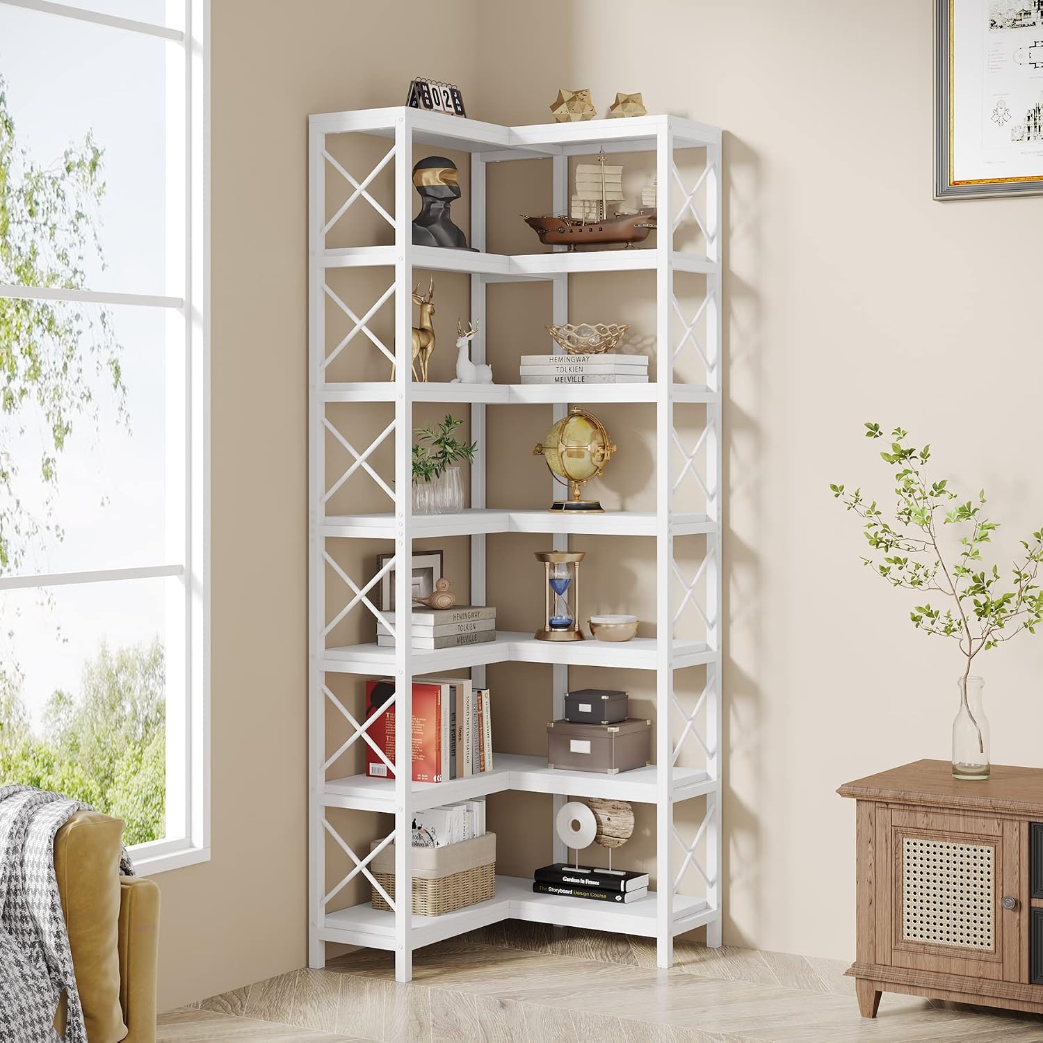 LITTLE TREE 7-Tier Tall Corner Book Shelf,White Corner Bookshelf, Modern Bookcase Metal Storage Shelves for Bedroom Living Room or Home Office