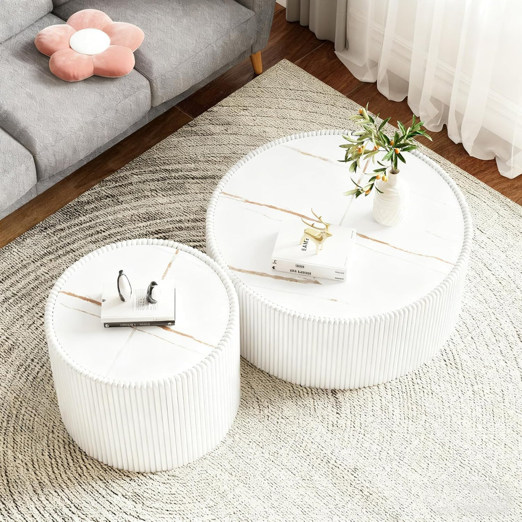Round Coffee Table Set with Sintered Stone Tabletop, 29.52' White Drum Center Table and 17.71' White Coffee Table Set, 2 Pieces Living Room Table Set with Fluted PU Leather Cover& Stable Base