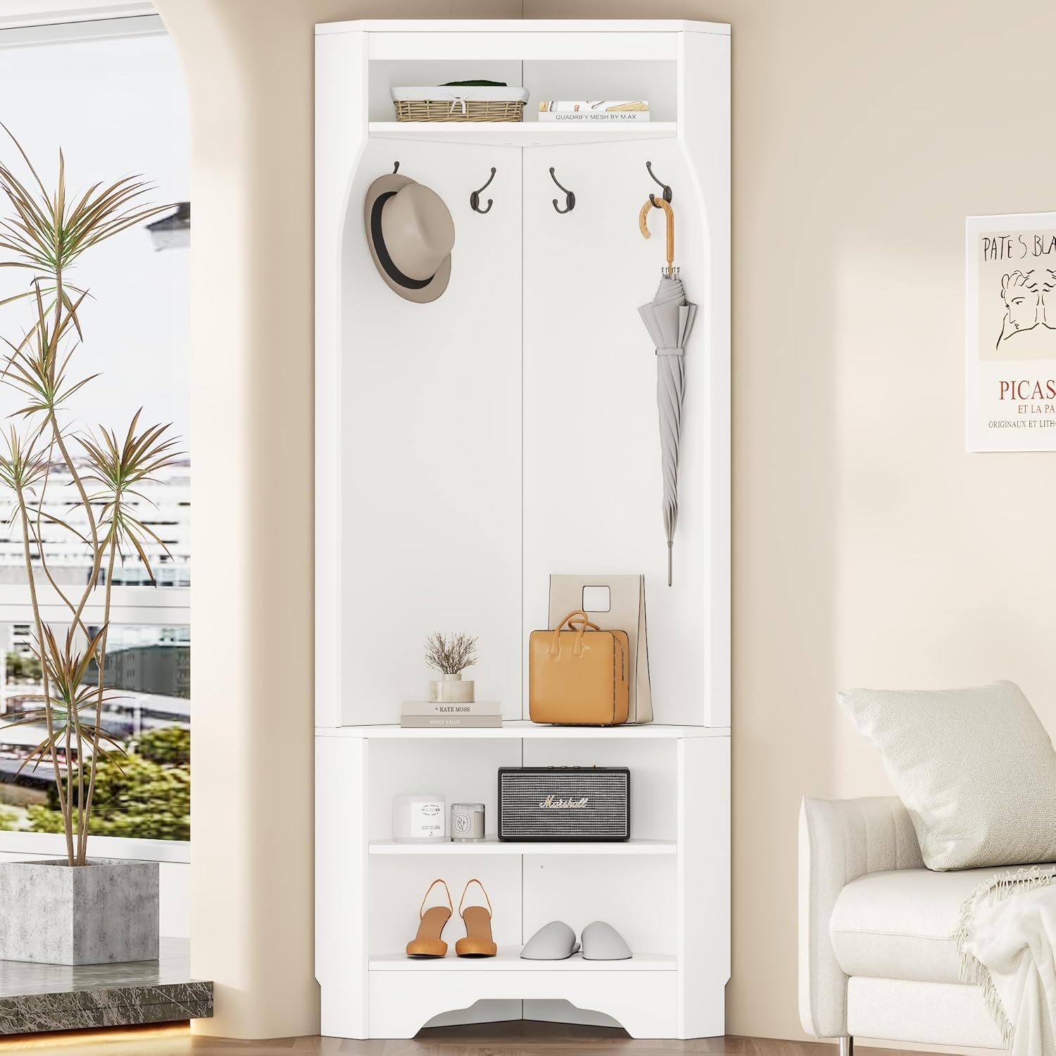 Merax Corner Hall Tree with Shoe Bench Entryway Coat Rack with 4 Metal Hooks Floor Standing Clothes Rack Shoes Shelf Organizer for Home Office Bedroom (White) 29.5''W*71.6''H