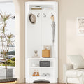 Corner Hall Tree, Versatile Wood Hall Tree with Shoe Bench & 4 Hooks, Modern Coat Rack Corner Cabinet with Adjustable Shelf for Hallway, Entryway, Bedroom,Living Room, White