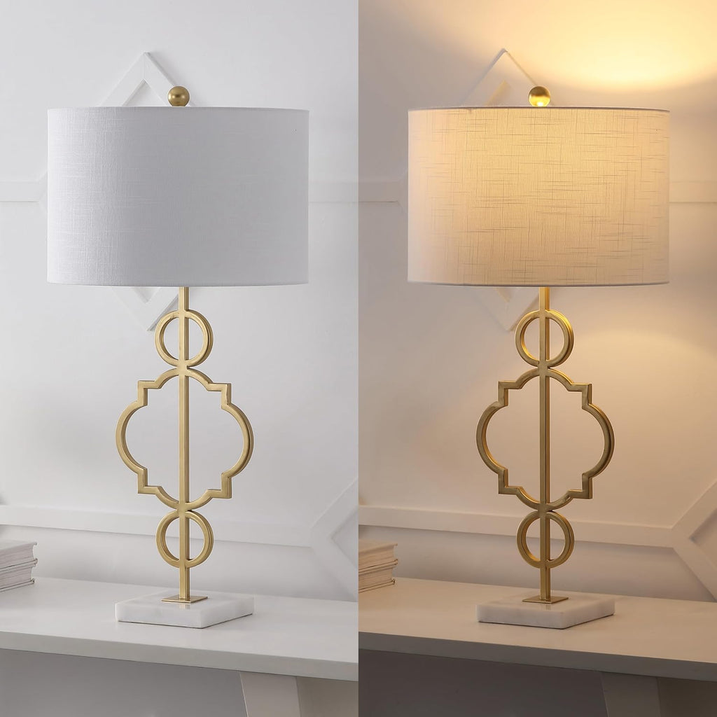 JONATHAN Y 31' Gold Modern Quatrefoil LED Table Lamp, Contemporary Metal Iron Lamp with White Marble Base and Linen Drum Shade for Living Room Bedroom, LED Bulb Included JYL3026A