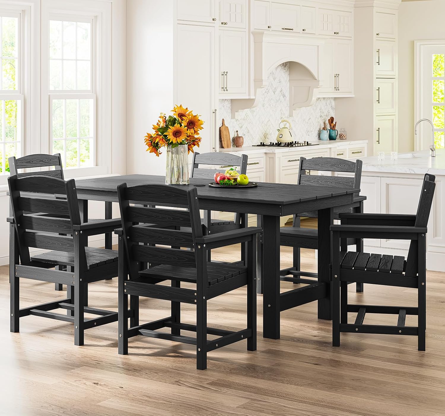 SERWALL Patio Dining Table Sets 5-Piece, Outdoor HDPE Dining Furniture Set with Umbrella Hole Cut-Out Table and 4 Chairs, All Weather Dining Set for Lawn, Garden, Backyard, Poolside, Black