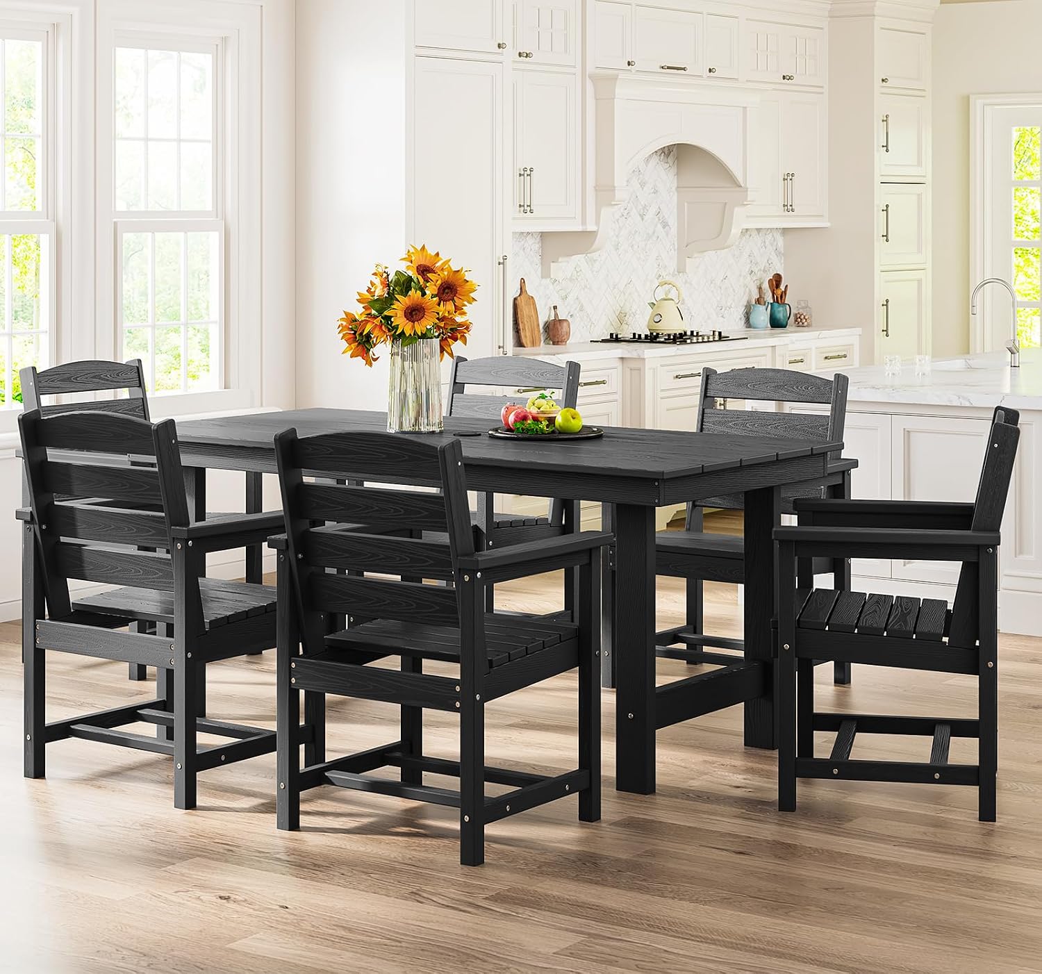 SERWALL 7-Piece Patio Dining Table Sets, Outdoor HDPE Dining Furniture Set with Umbrella Hole Cut-Out Table and 6 Chairs, Black