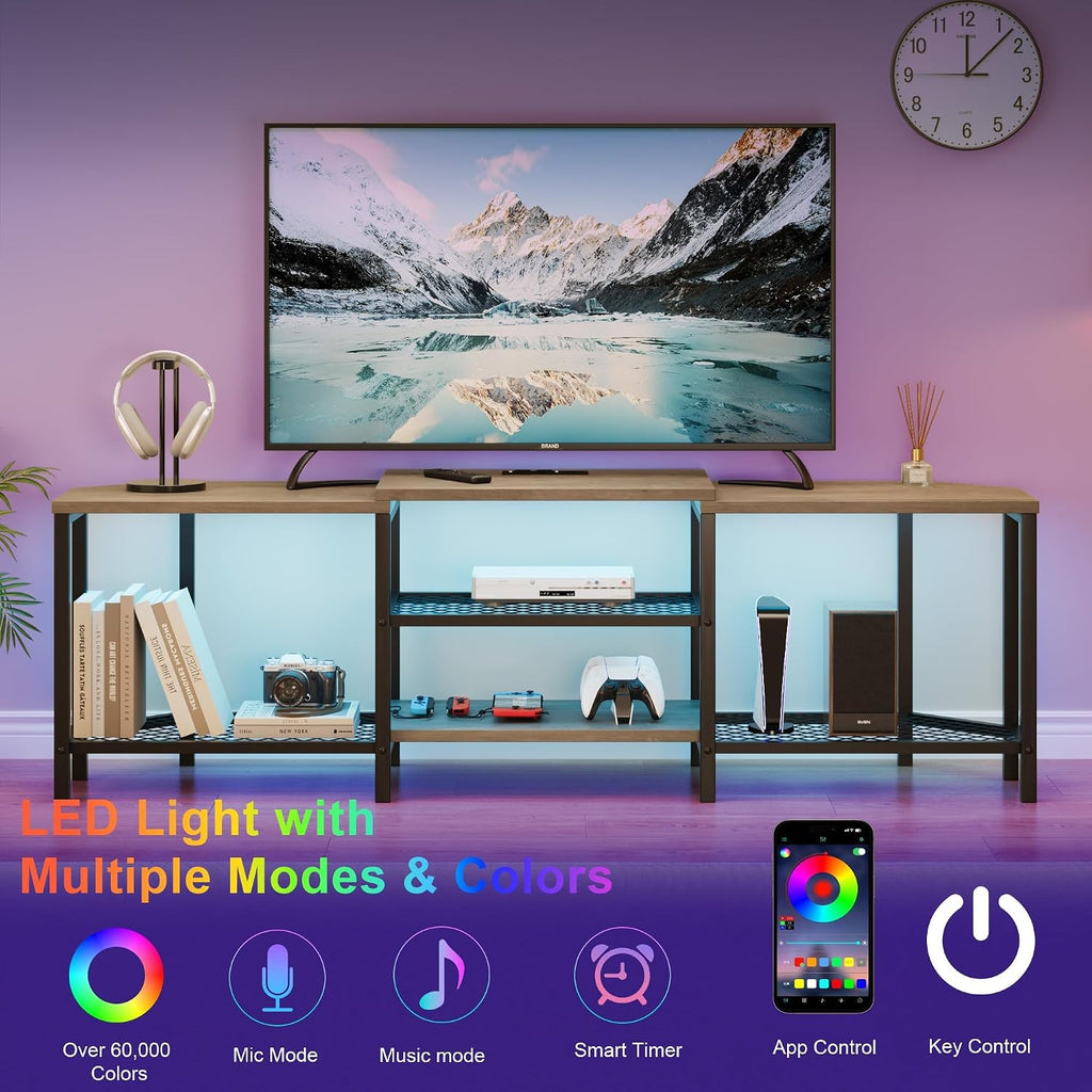 Corner TV Stand,with Power Outlets,Led Strip,67 Inch Large Entertainment Center,3-Tier Open Storage Shelves, Media TV Console Table for Living Room, Bedroom,Grey