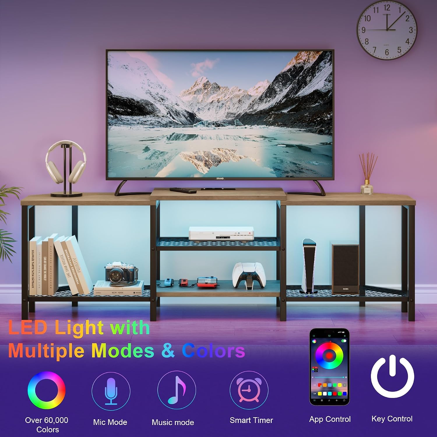 Corner TV Stand,with Power Outlets,Led Strip,67 Inch Large Entertainment Center,3-Tier Open Storage Shelves, Media TV Console Table for Living Room, Bedroom,Grey
