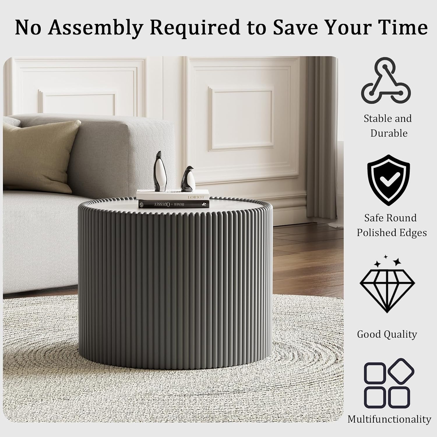 Round Coffee Table Set with Sintered Stone Tabletop, 29.52' Black Drum Center Table and 17.71' Grey Coffee Table Set, 2 Pieces Living Room Table Set with Fluted PU Leather Cover& Stable Base