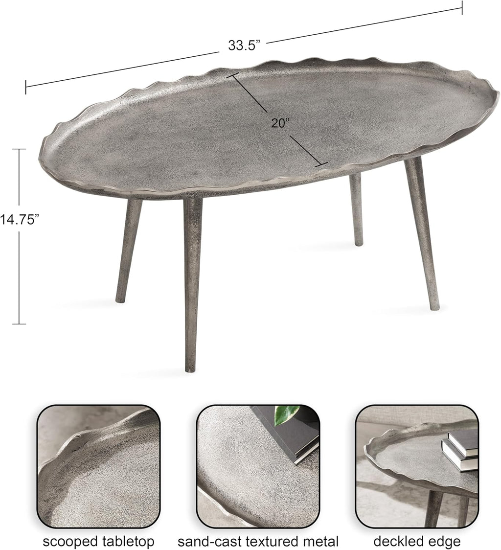 Kate and Laurel Alessia Modern Glam Oval Coffee Table, 34 x 20 x 15, Silver, Metal Living Room Table for Storage and Display with Antique Deckled Edge Detailing