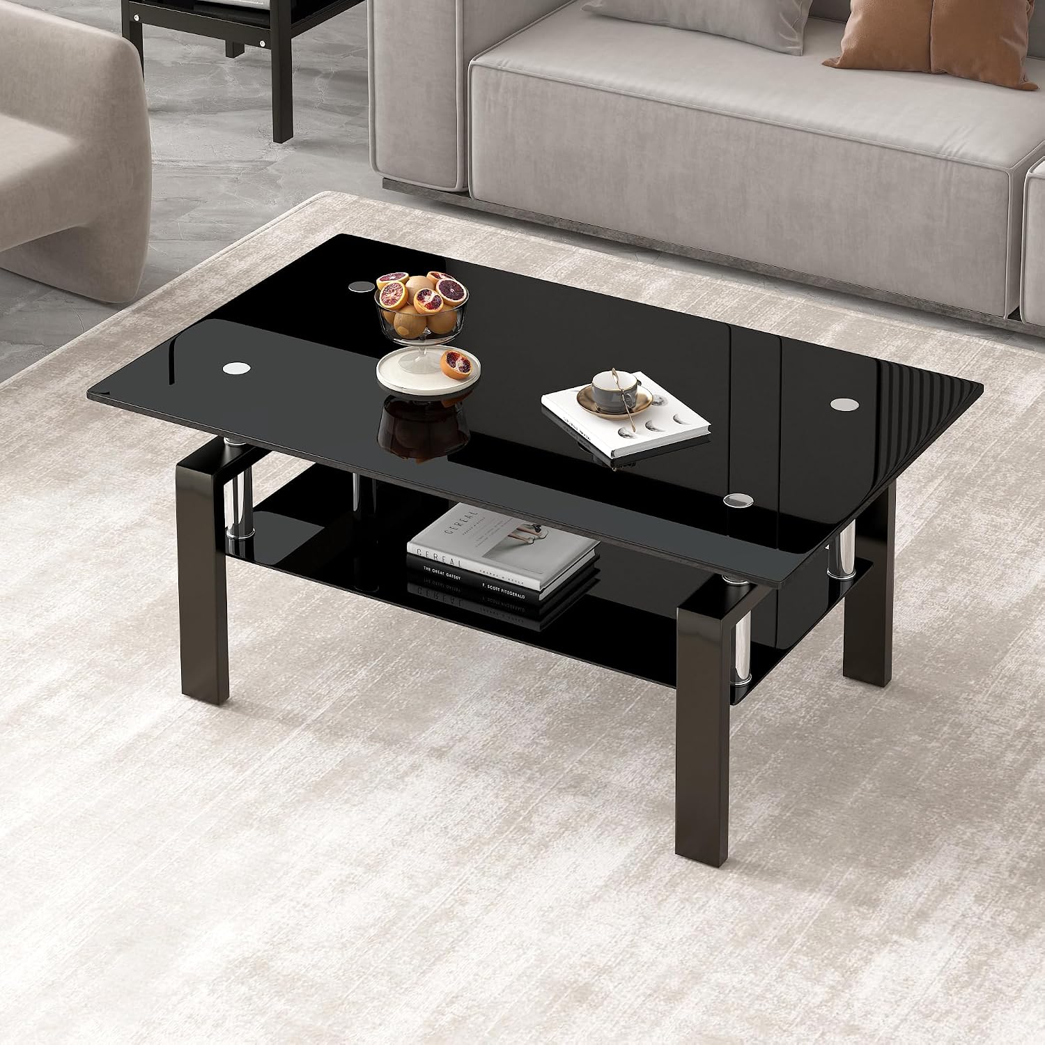 Glass Coffee Table for Living Room, Mordern Rectangle Tempered Glass Sofa Center Tables with Black Metal Leg for Home Office, Black