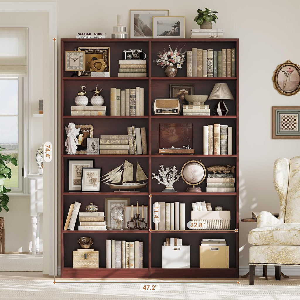 FACBOTALL Bookshelf and Bookcase, 6-Tier Double Wide Bookshelves,Freestanding Display Storage Shelves, Tall Bookcases for Home Decor Bedroom, Living Room, Home Office, Cherry