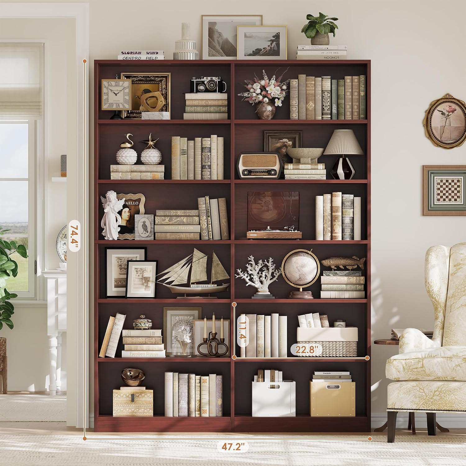FACBOTALL Bookshelf and Bookcase, 6-Tier Double Wide Bookshelves,Freestanding Display Storage Shelves, Tall Bookcases for Home Decor Bedroom, Living Room, Home Office, Cherry