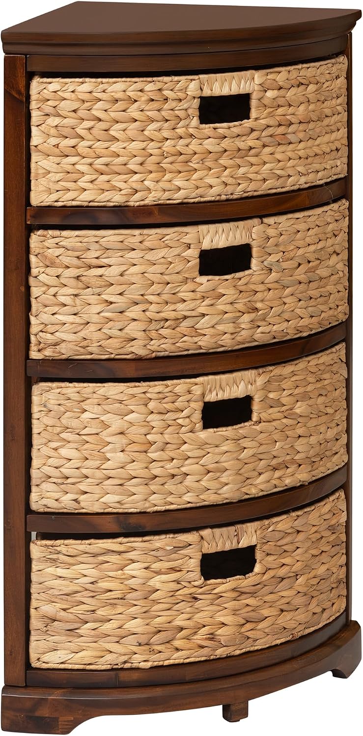 eHemco Hampton Meadows 4 Tier X-Side Corner Table Storage Cabinet with 4 Wicker Baskets, Walnut