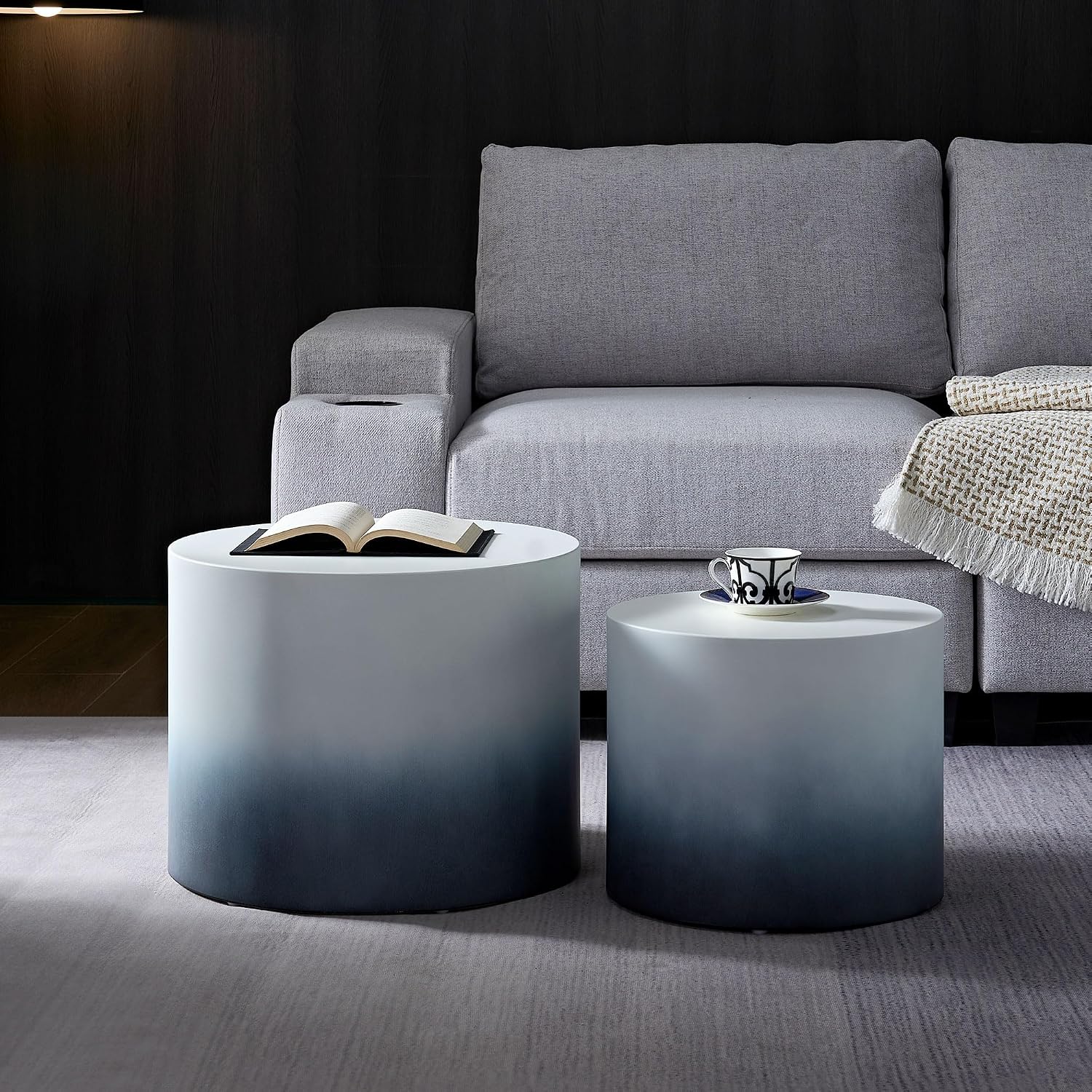 Round Coffee Table Set of 2, Nesting Coffee Table and End Table Set Wood Small Circle Drum Side Table for Living Room Office, No Assembly,Black&White