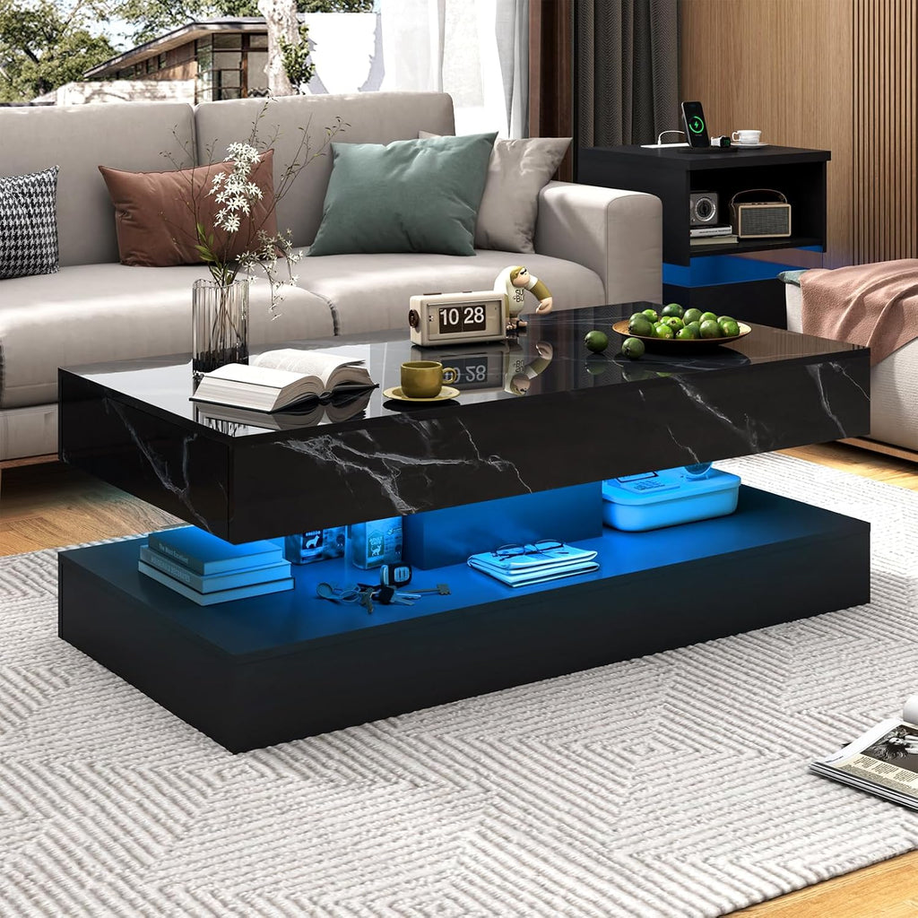 chartustriable 47.2' Large High-Glossy LED Coffee Table with 2 Sliding Drawers, Living Room Storage Coffee Tables with Marbling Print, Modern Stylish Double-Layer Center Tables w/LED Lights, Black