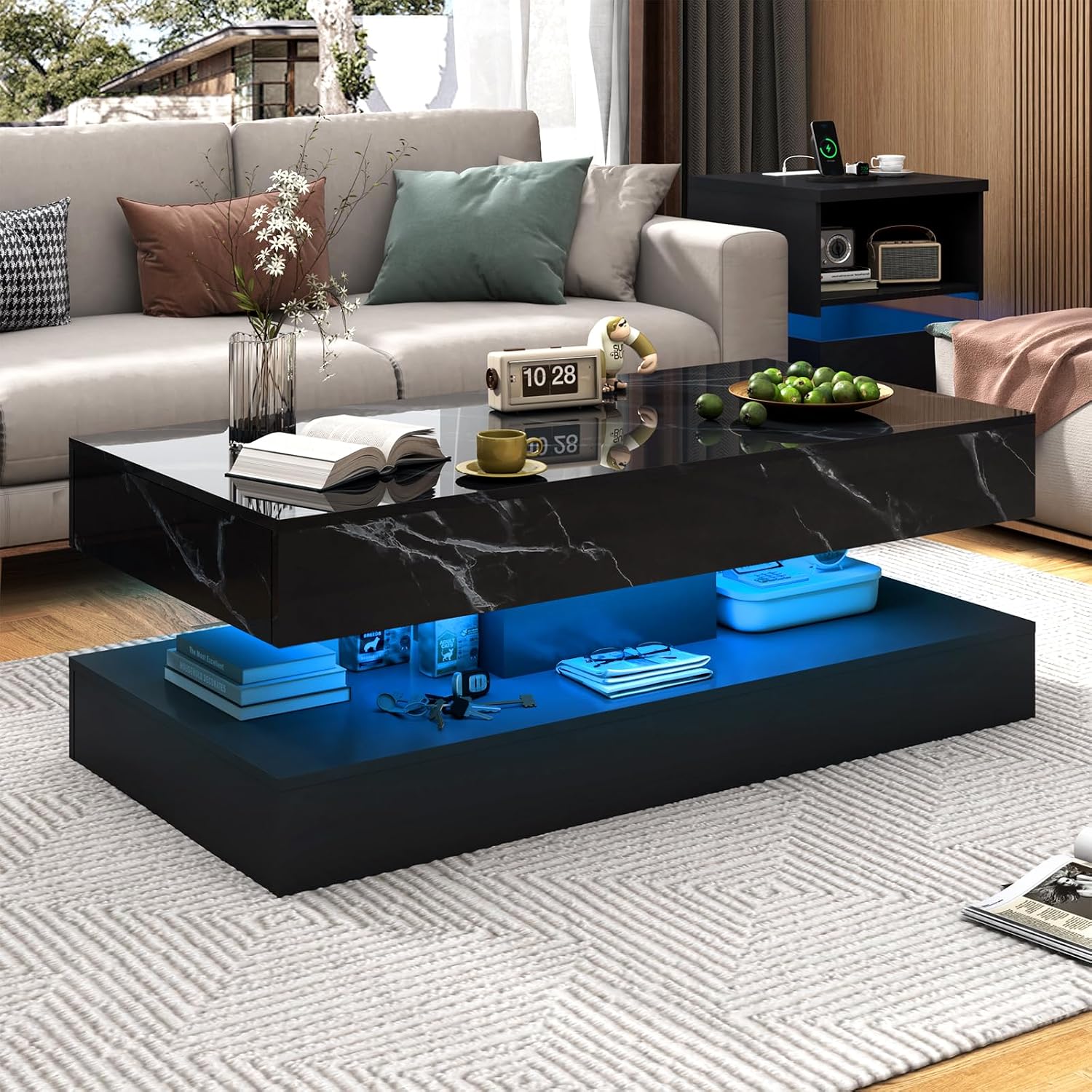 chartustriable 47.2' Large High-Glossy LED Coffee Table with 2 Sliding Drawers, Living Room Storage Coffee Tables with Marbling Print, Modern Stylish Double-Layer Center Tables w/LED Lights, Black