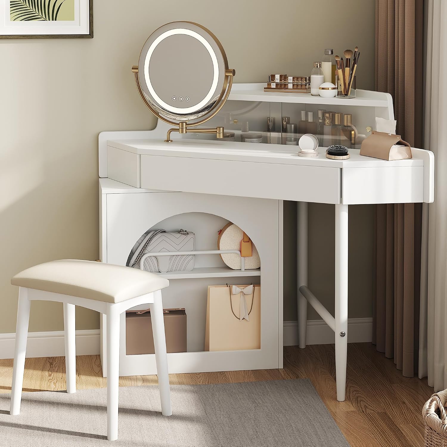 Merax Corner Vanity Desk with Mirror & LED Lights & Stool, Modern Makeup Vanity Table with Drawer Shelf Cabinet for Bedroom, Brightness Adjustable Folding Mirror (White)