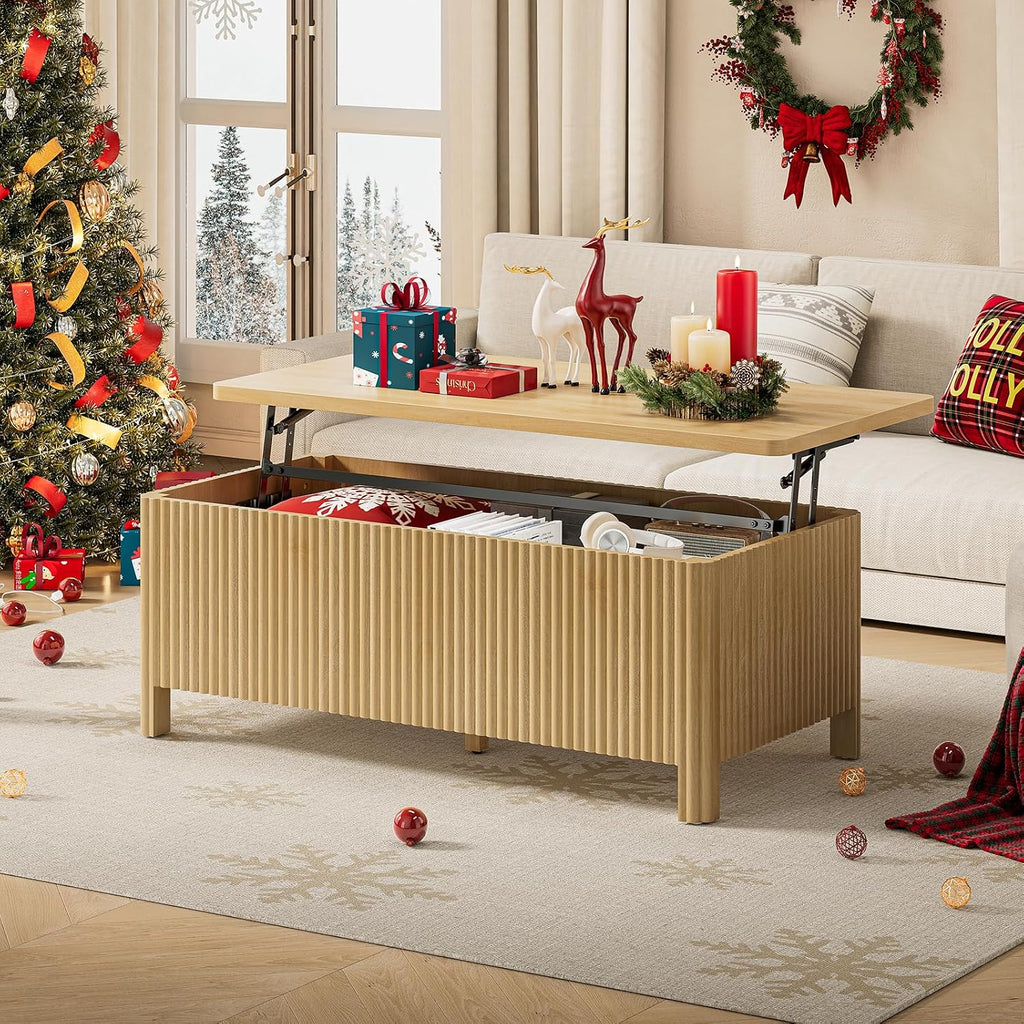 ONBRILL Fluted Lift Top Coffee Table with Storage, Mid Century Modern Coffee Table with Hidden Compartment, Rising Top Wood Center Table for Living Room, Home Office, Rounded Edges (Natural Oak)